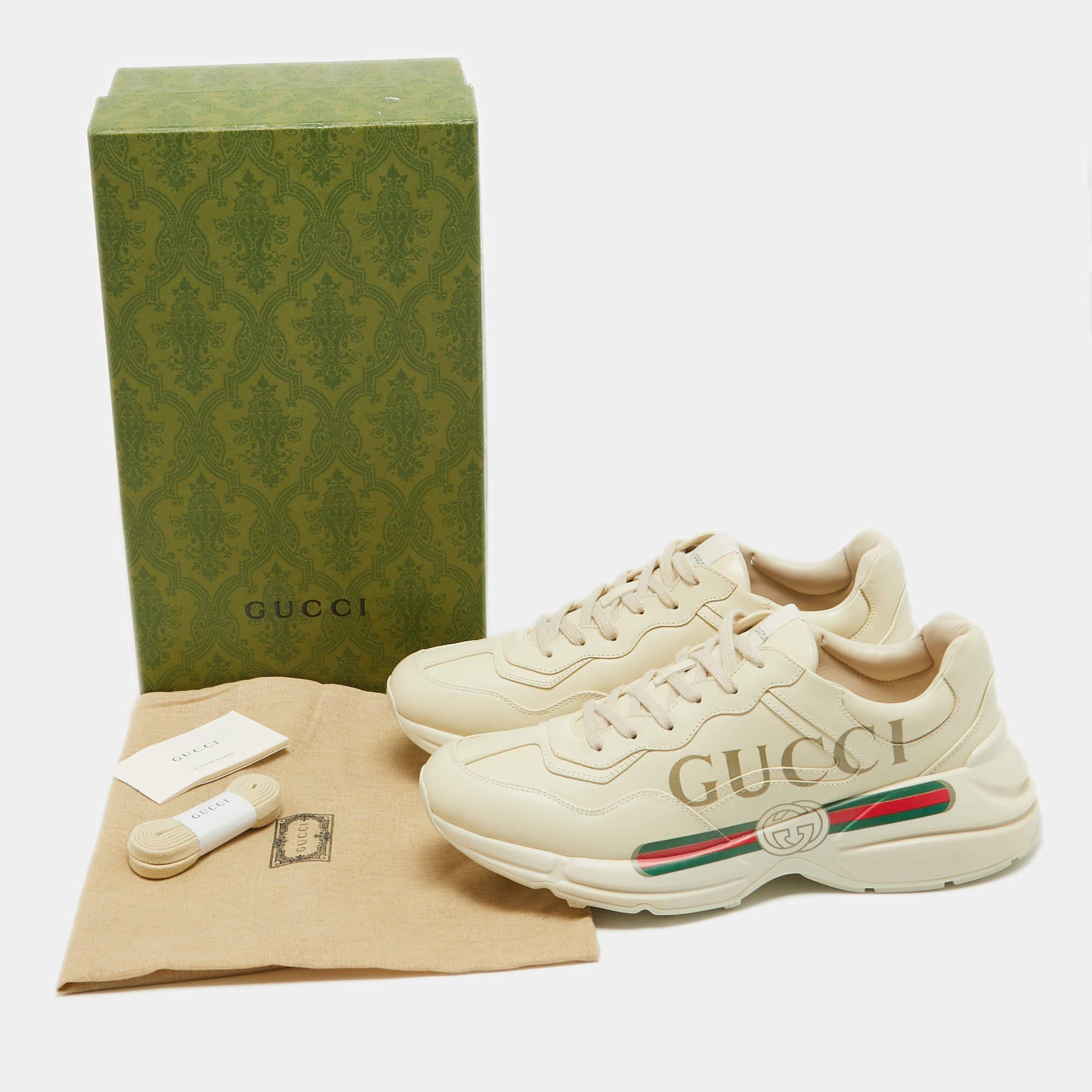 Gucci Cream Leather Logo Print Rhyton Sneakers Size 45 In Excellent Condition In Dubai, Al Qouz 2