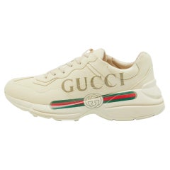 Used Gucci Cream Leather Logo Print Rhyton Sneakers Size 45