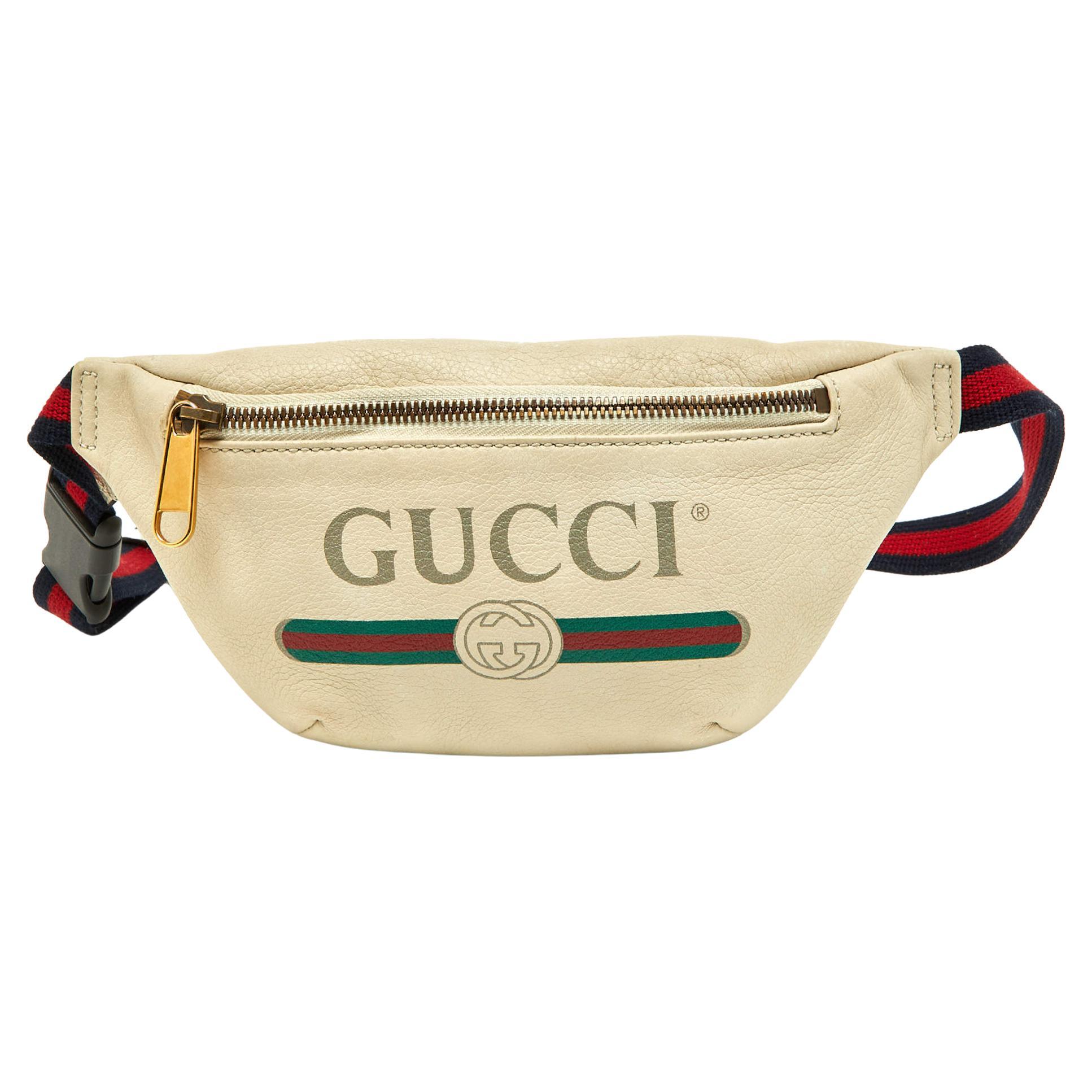 Gucci Cream Leather Logo Web Belt Bag For Sale