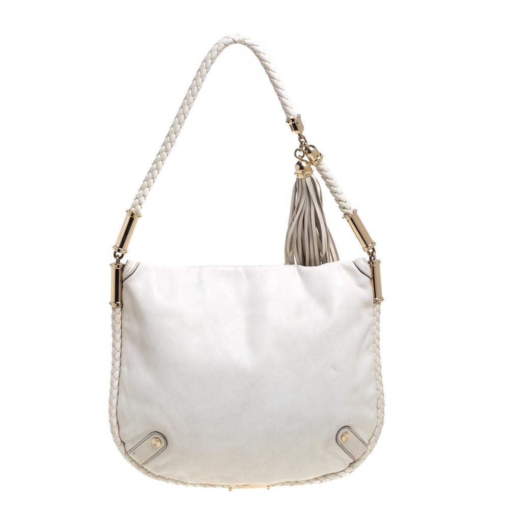 Gray Gucci Cream Leather Medium Britt Tassel Hobo