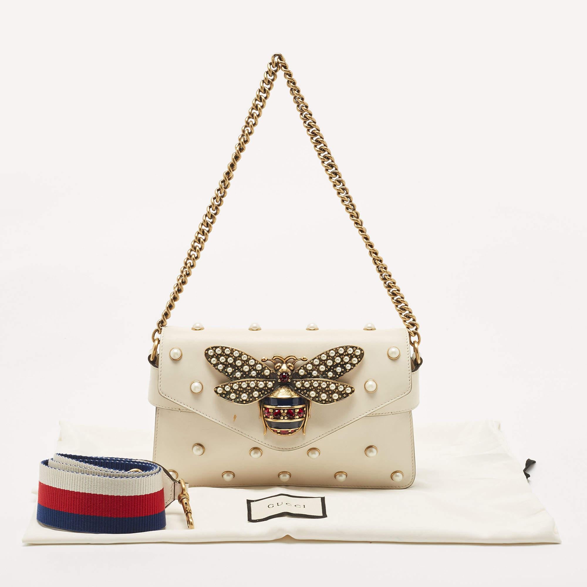 Gucci Cream Leather Mini Pearl Studded Queen Margaret Broadway Shoulder Bag 8