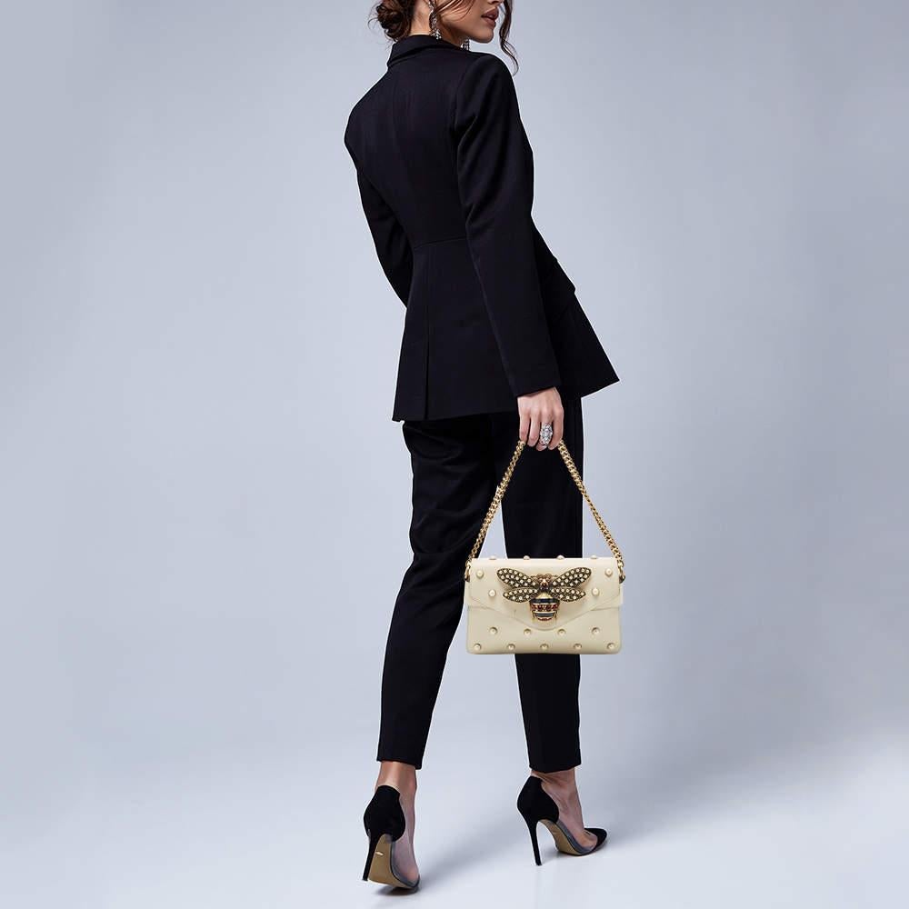 Beige Gucci Cream Leather Mini Pearl Studded Queen Margaret Broadway Shoulder Bag
