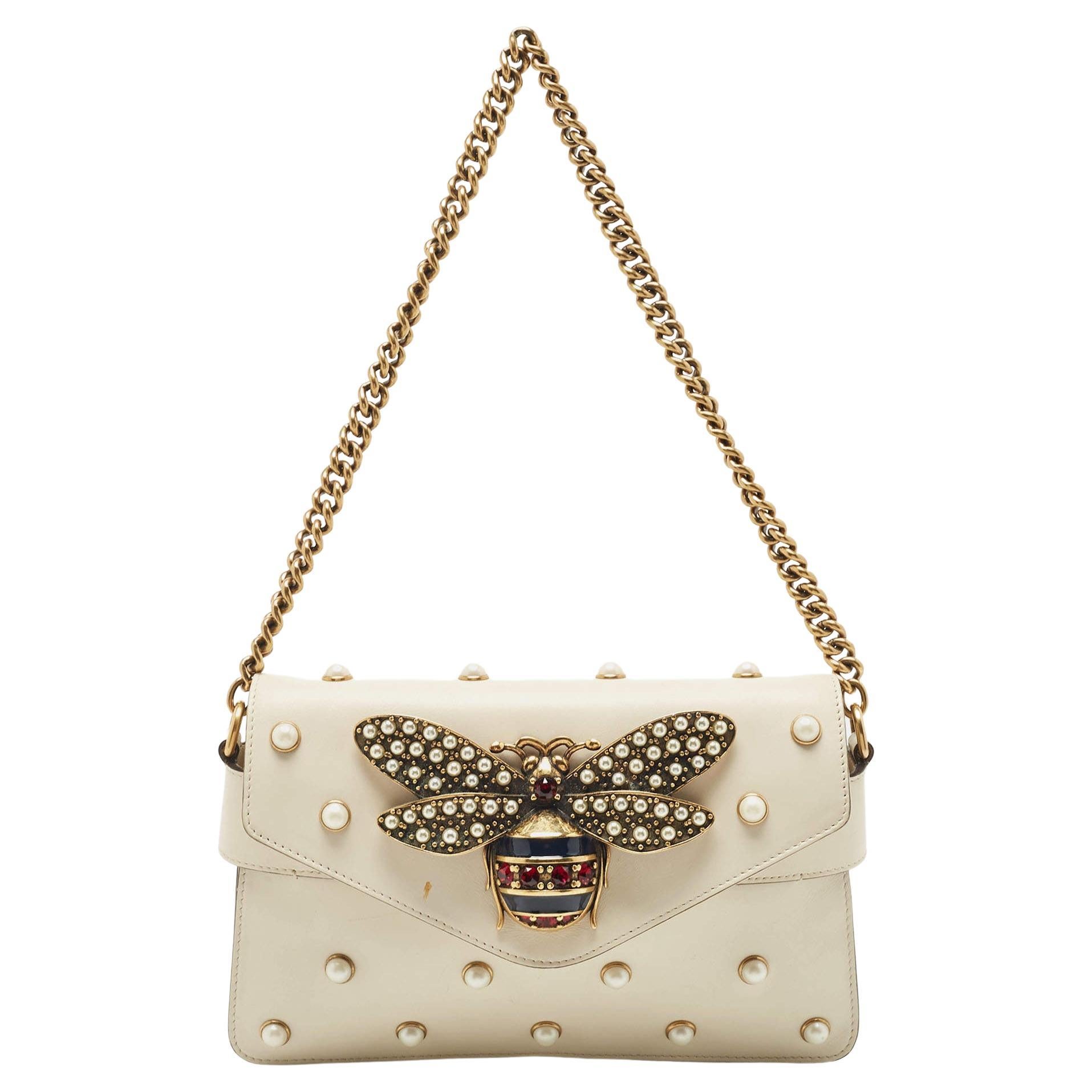 Gucci Cream Leather Mini Pearl Studded Queen Margaret Broadway Shoulder Bag