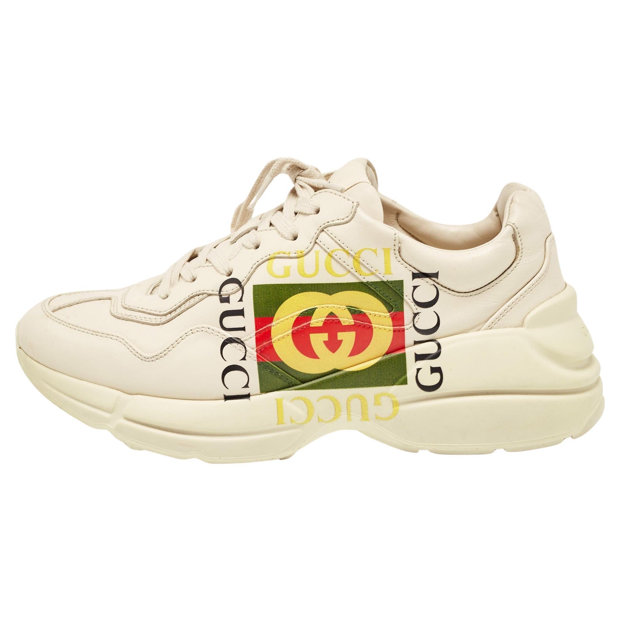 Gucci Cream Leather Rhyton Logo Low Top Sneakers Size 40 For Sale
