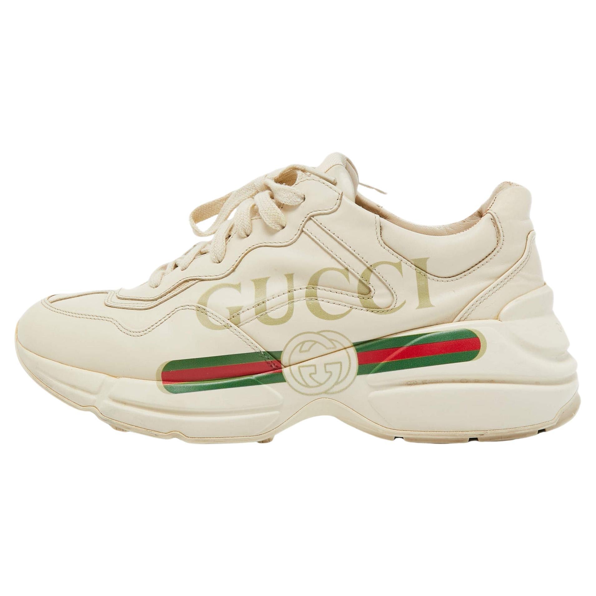 Gucci Cream Leather Rhyton Low Top Sneakers Size 40.5