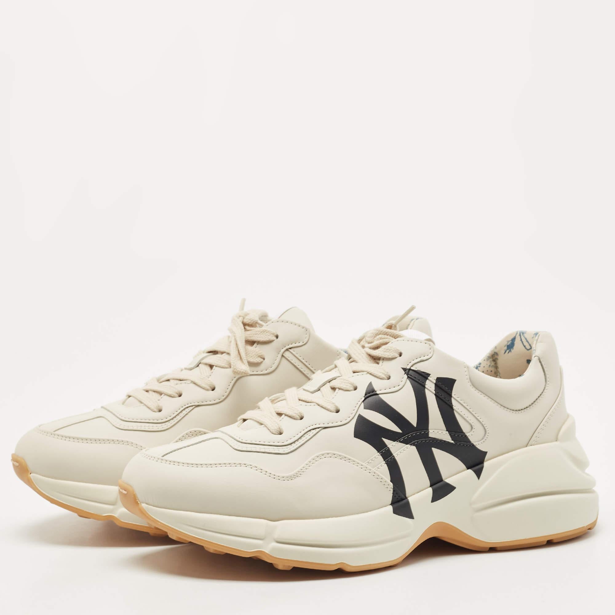 Men's Gucci Cream Leather Rhyton NY Yankees Low Top Sneakers Size 40