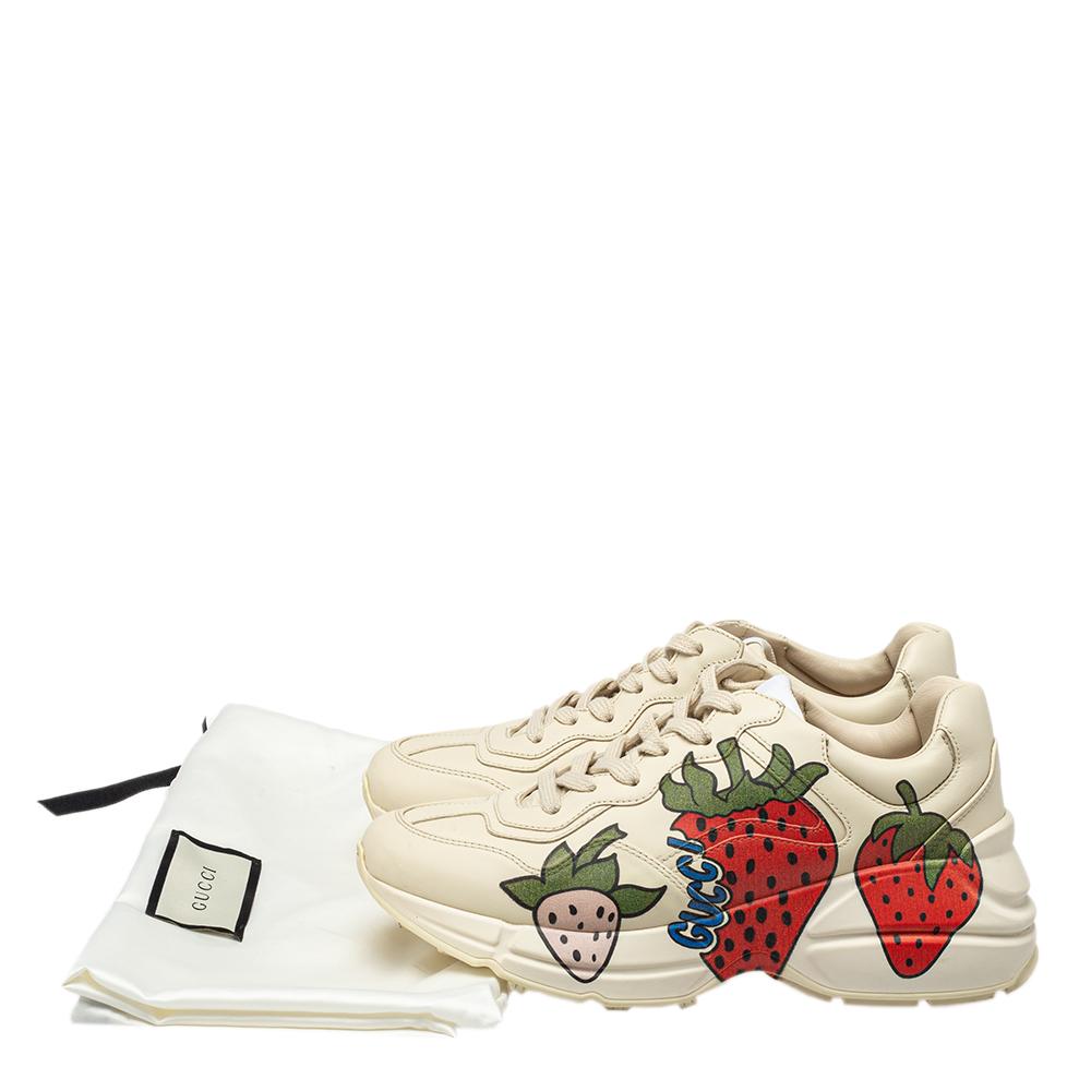 Women's Gucci Cream Leather Rhyton Strawberry Print Low Top Sneakers Size 38