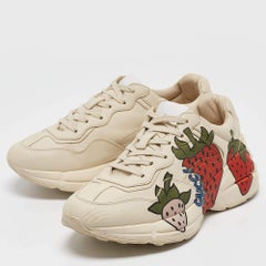 Gucci Cream Leather Strawberry Print Rhyton Sneakers Size 39.5