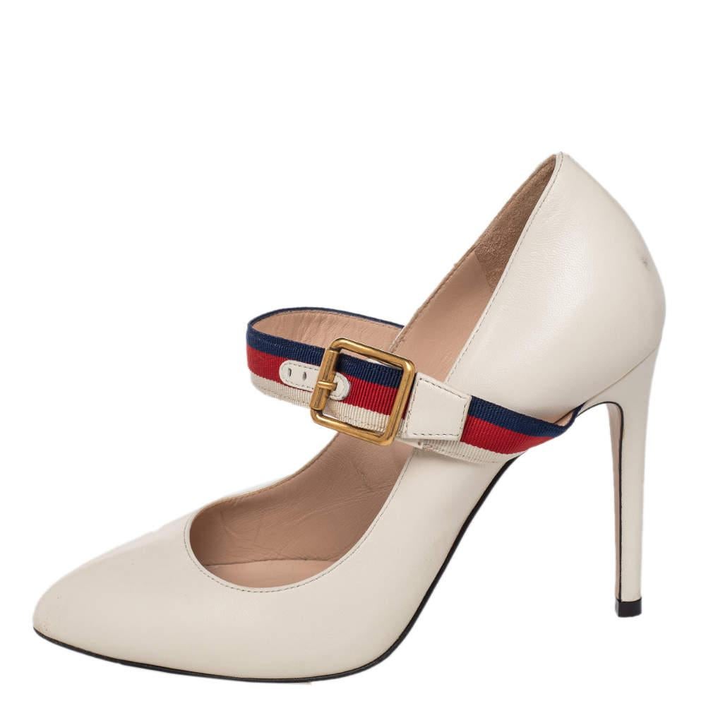 Women's Gucci Cream Leather Sylvie Mary Jane Pumps Size 36 For Sale