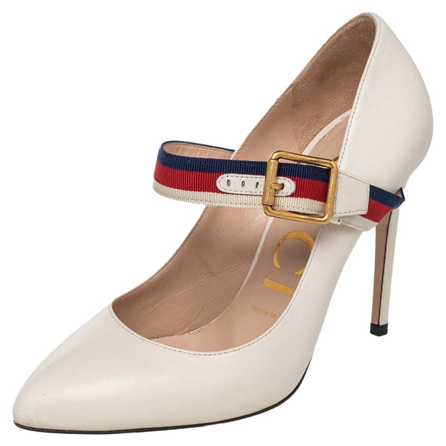 Gucci Cream Leather Sylvie Mary Jane Pumps Size 36 For Sale
