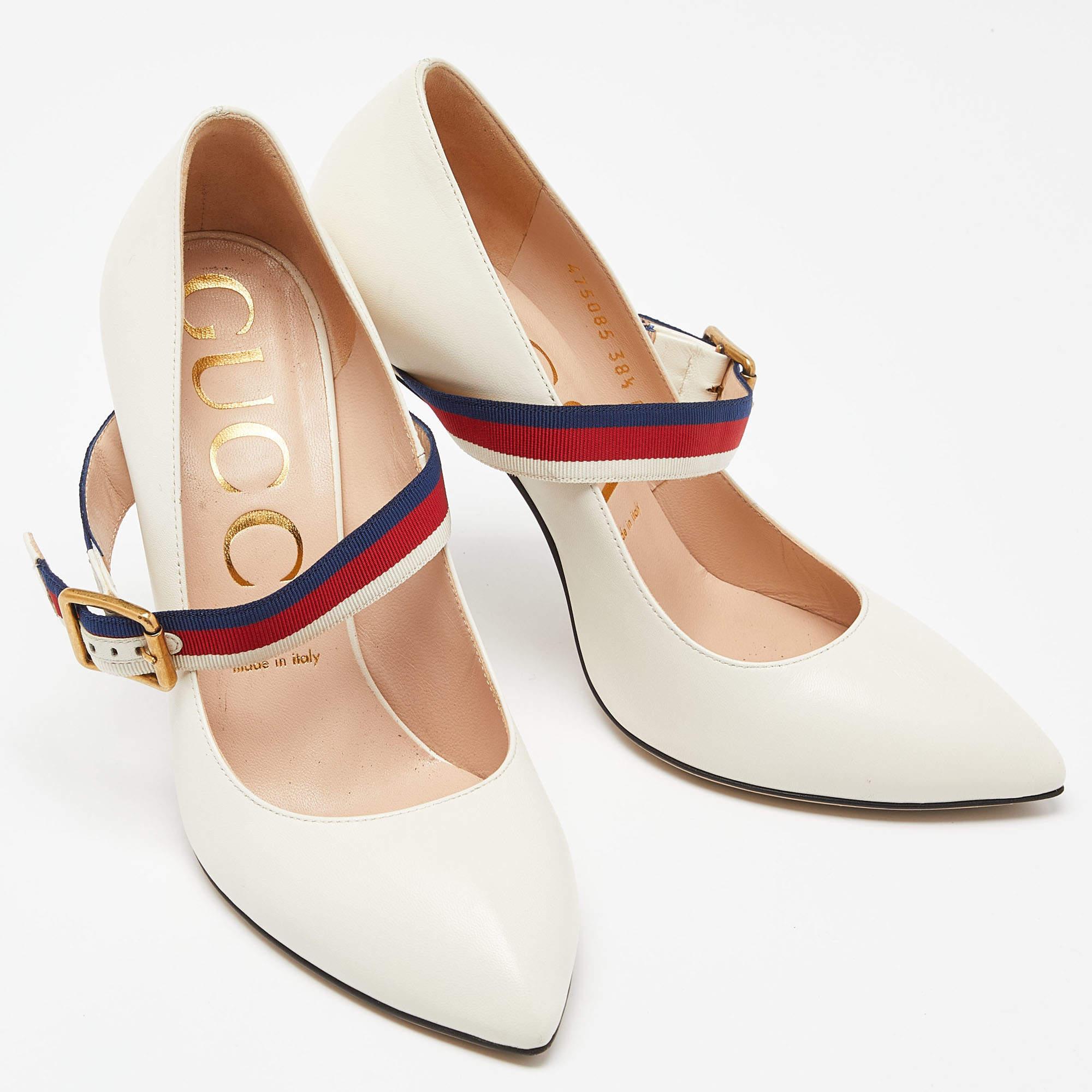 Gucci Cream Leather Sylvie Mary Jane Pumps Size 38.5 For Sale 1
