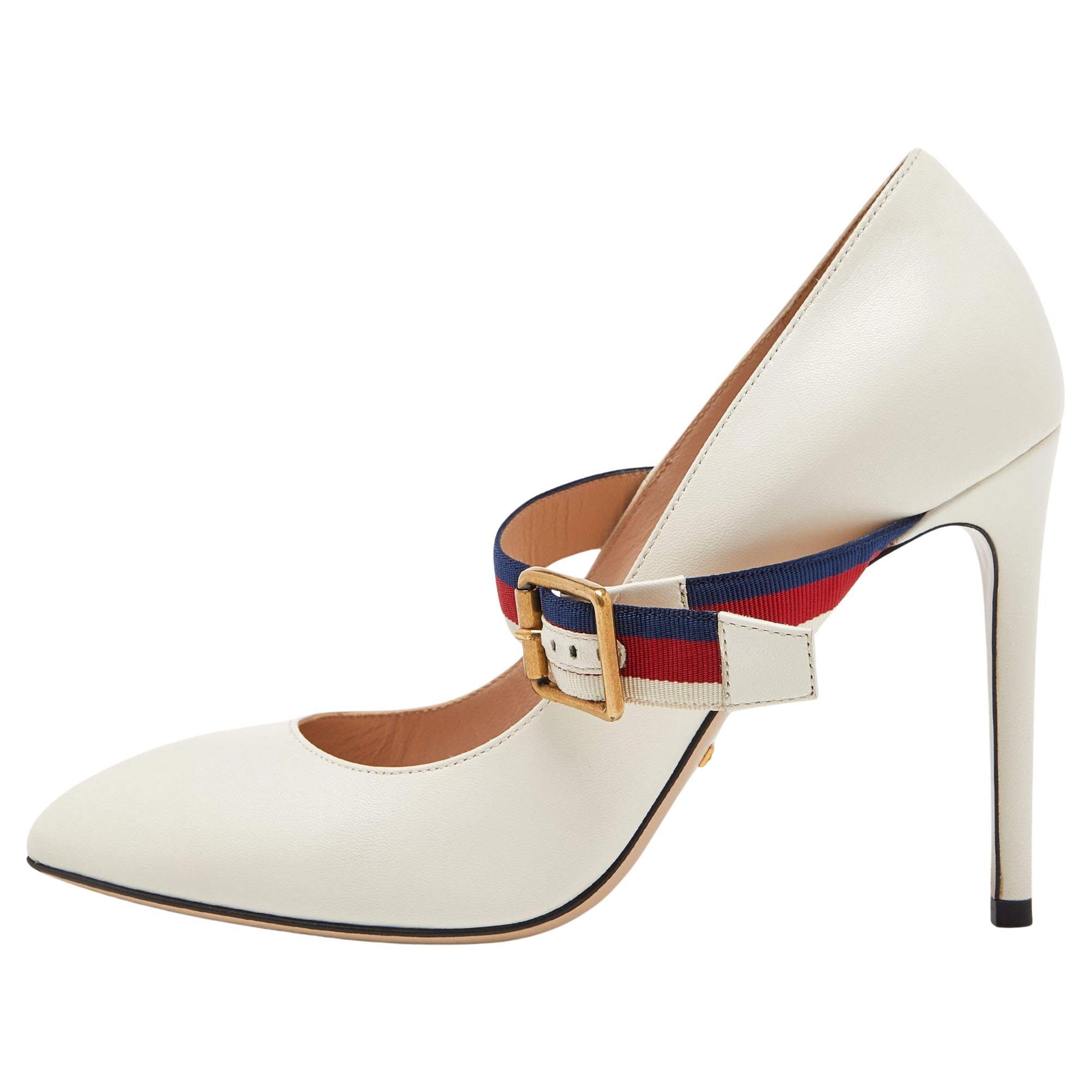 Gucci Cream Leather Sylvie Mary Jane Pumps Size 38.5 For Sale