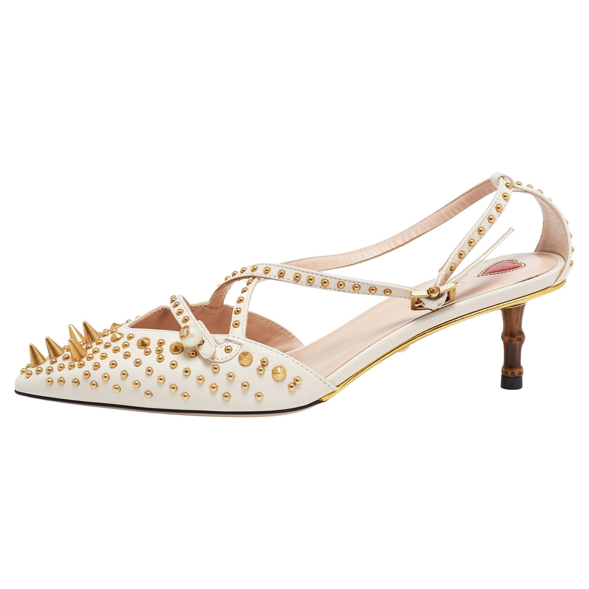 Gucci Cream Leather Unia Spike and Studded Bamboo Heel Pumps Size 37