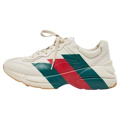 Used Gucci Cream Leather Web Print Rhyton Sneakers Size 41