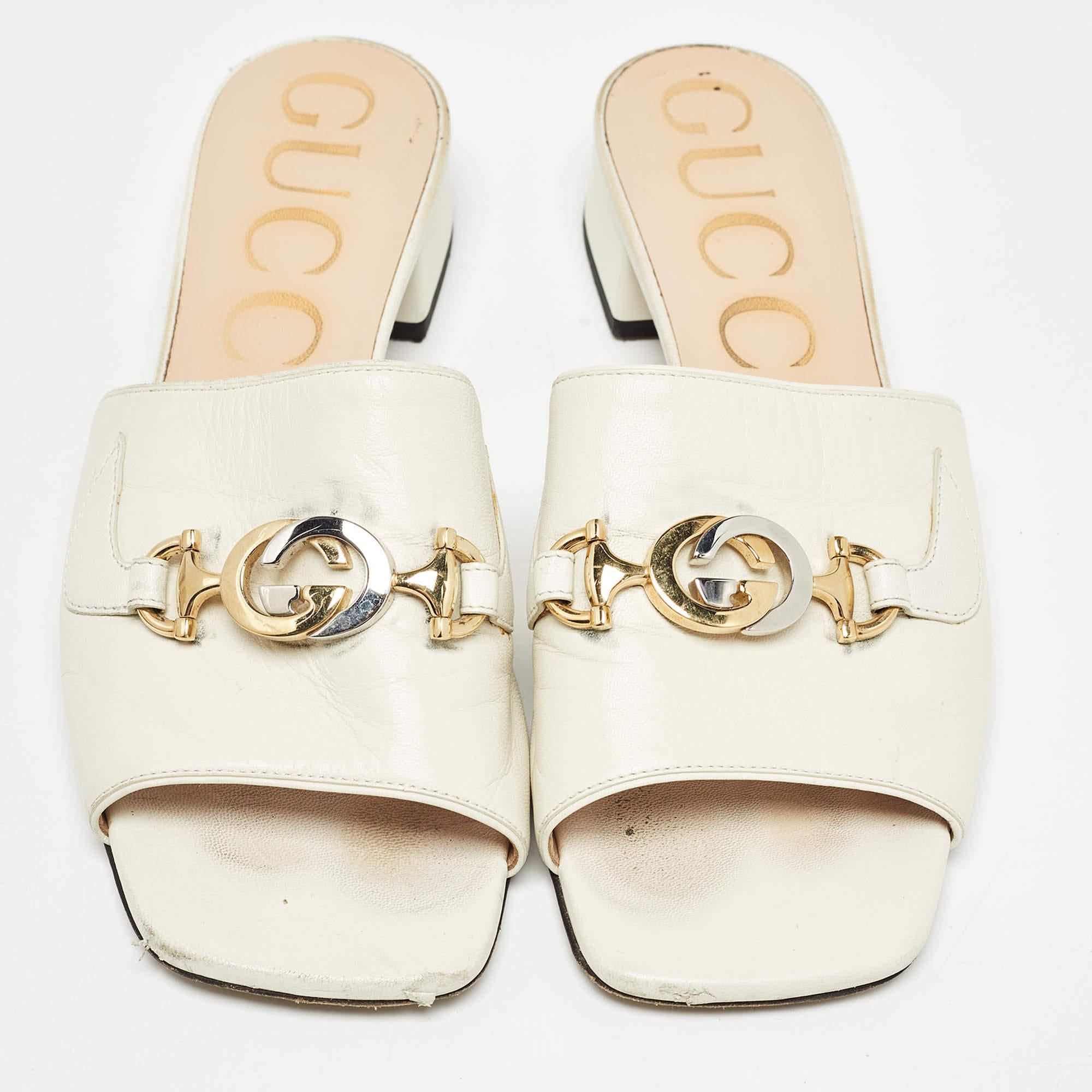 Beige Gucci Cream Leather Zumi Slide Sandals Size 38