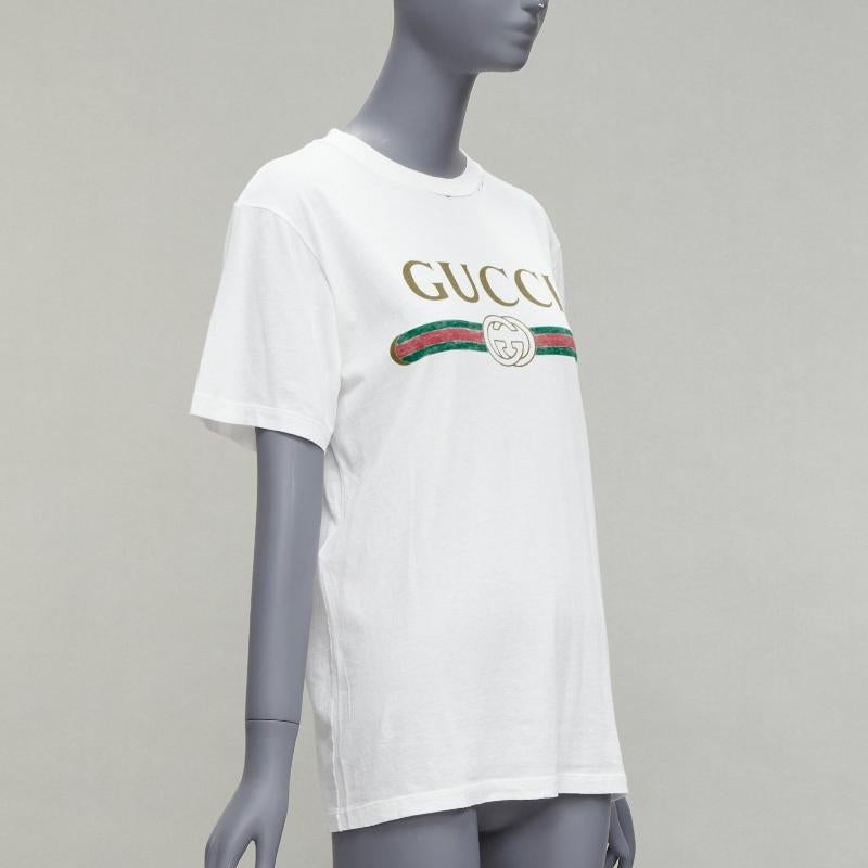 Gray GUCCI cream logo print distressed cotton-jersey crew neck tshirt IT36 XXS For Sale