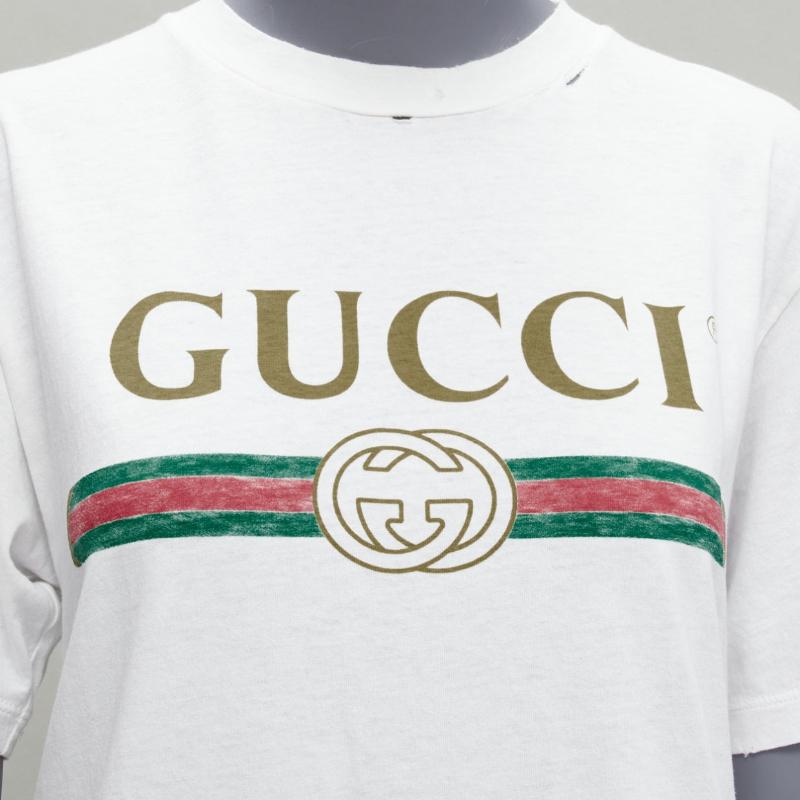 GUCCI cream logo print distressed cotton-jersey crew neck tshirt IT36 XXS For Sale 2
