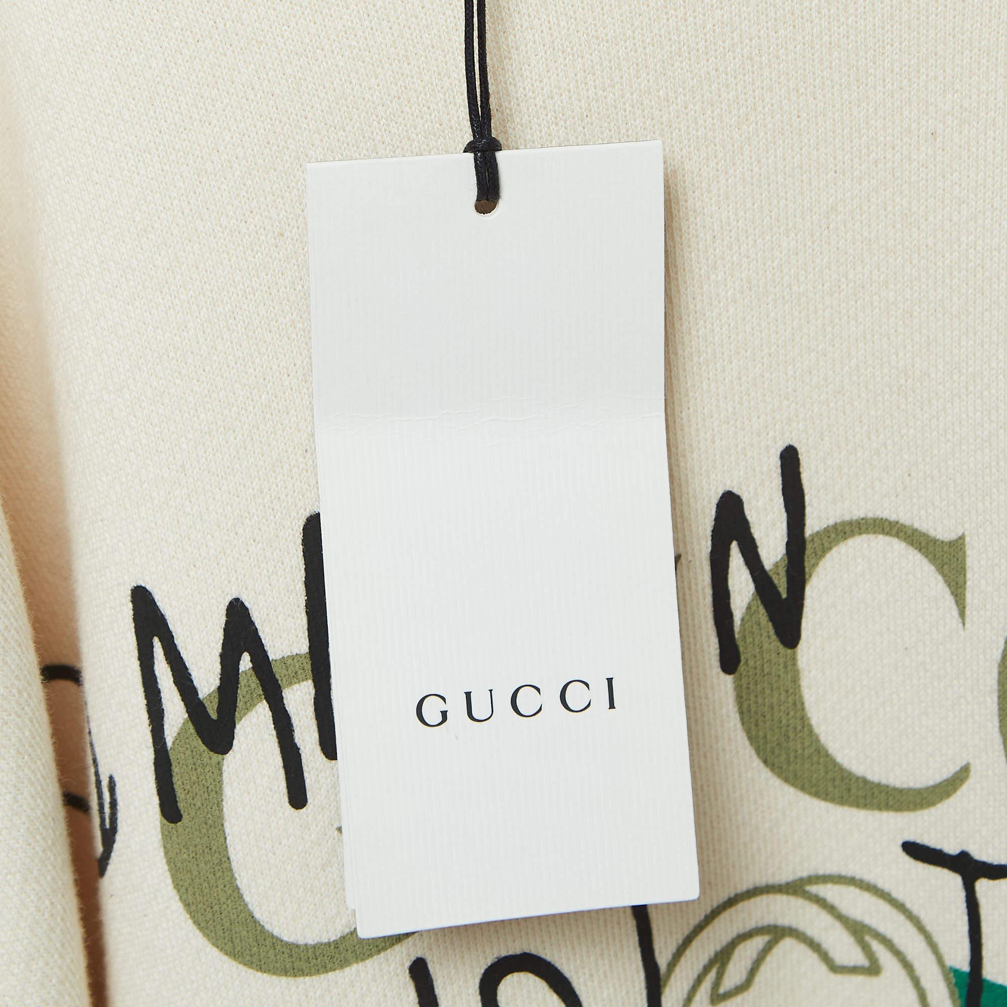 Gucci Cream Logo Print Distressed Cotton Sweatshirt S 1