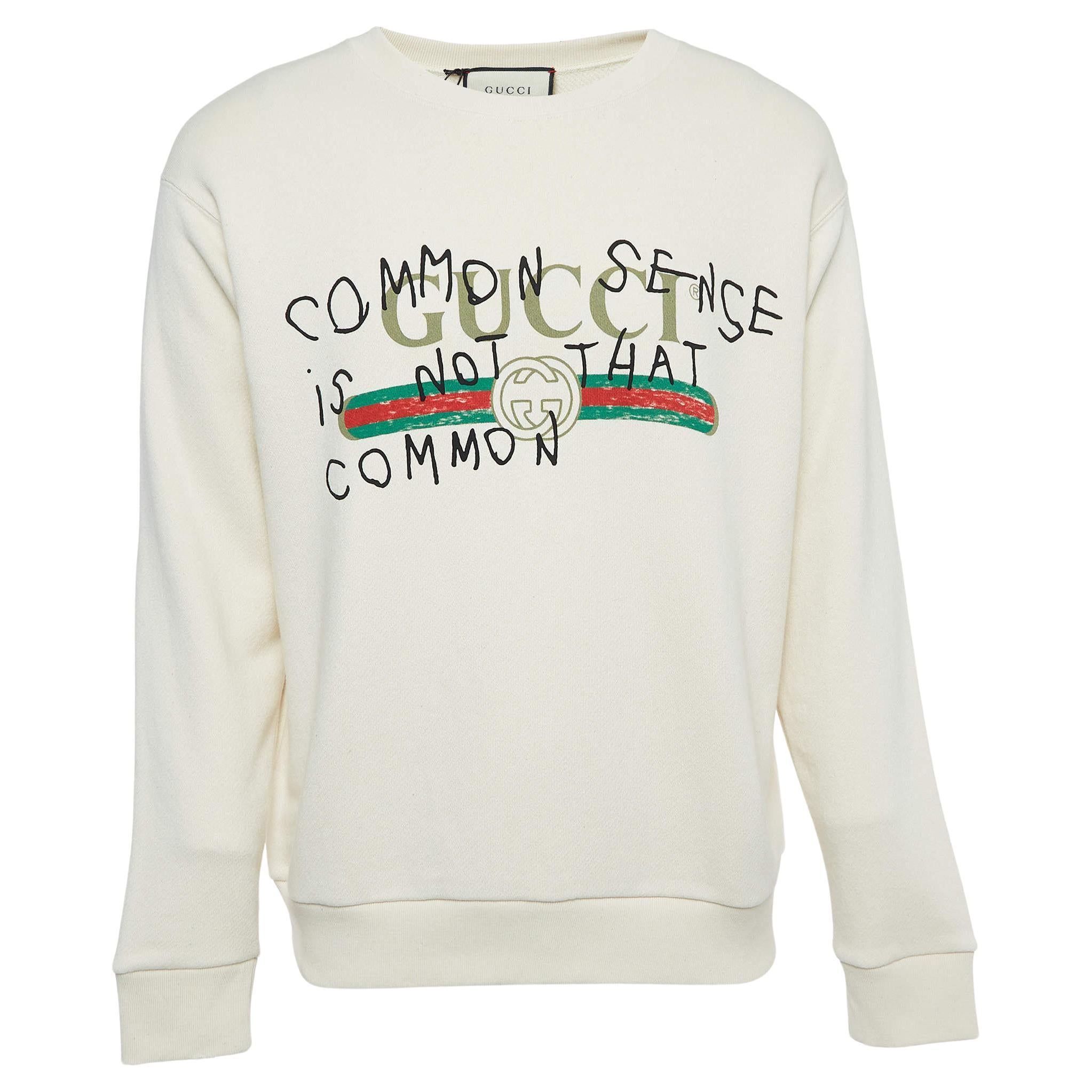 Gucci Cream Logo Print Distressed Cotton Sweatshirt S