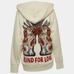 Gucci Cream Logo Print Embroidered Cotton Knit Hoodie XS