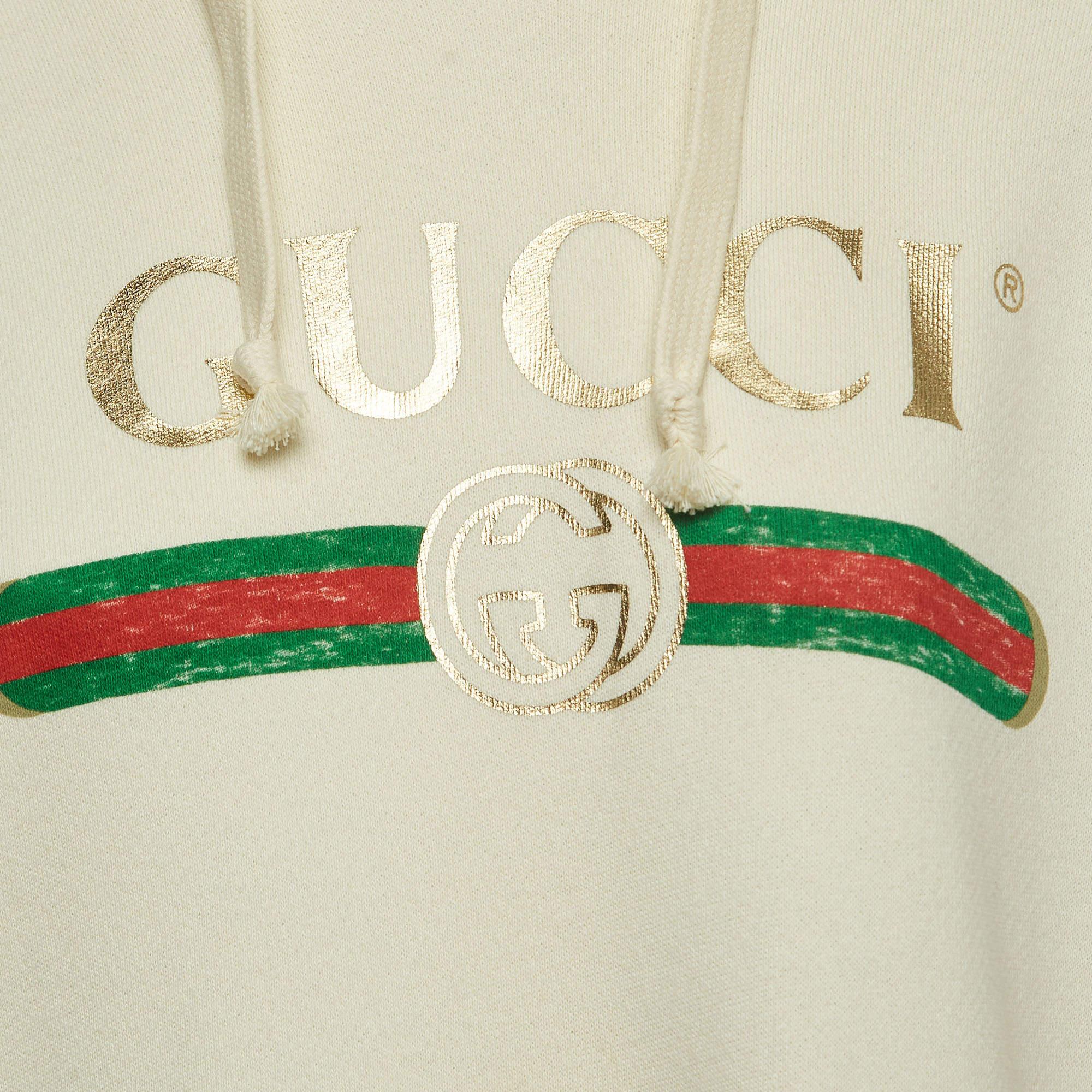 Gucci Cream Logo Print Embroidered Cotton Knit Hoodie XS In Excellent Condition For Sale In Dubai, Al Qouz 2
