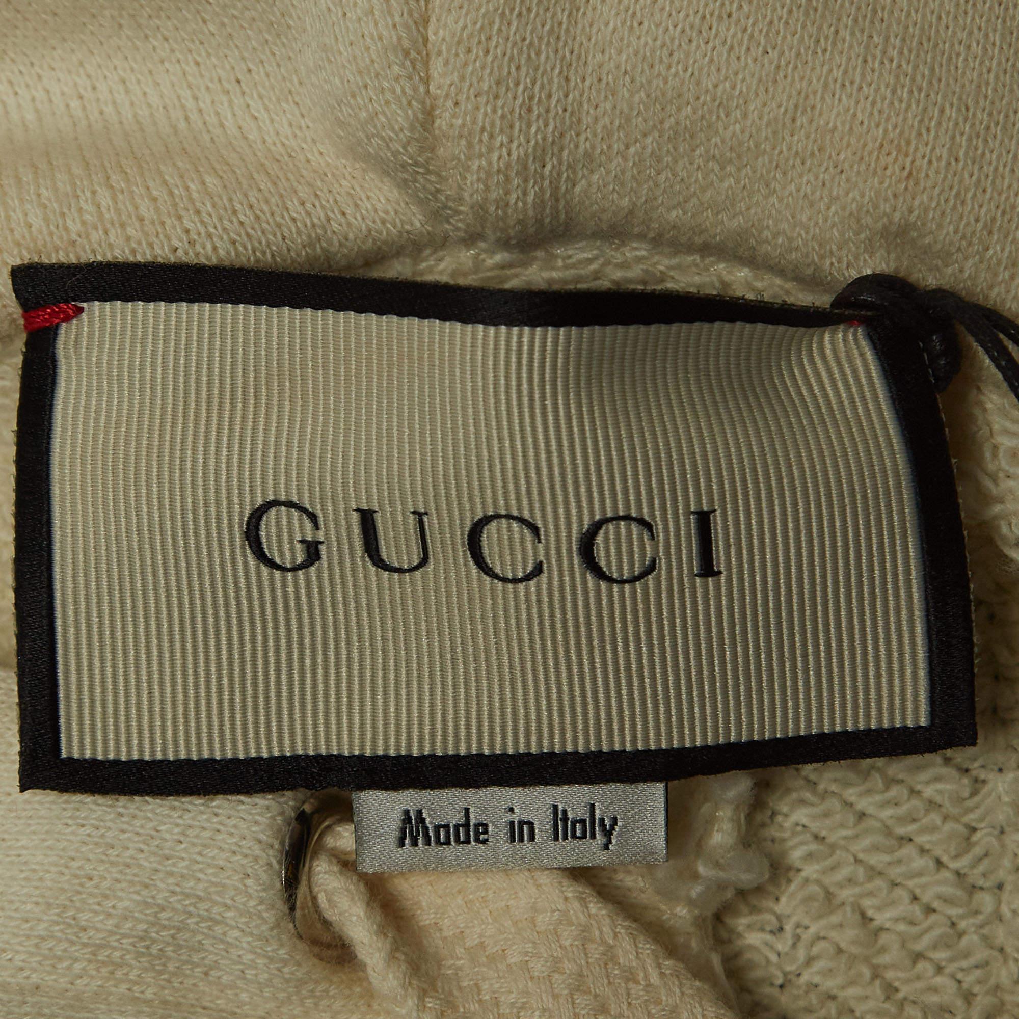Gucci Cream Logo Print Embroidered Cotton Knit Hoodie XS For Sale 1