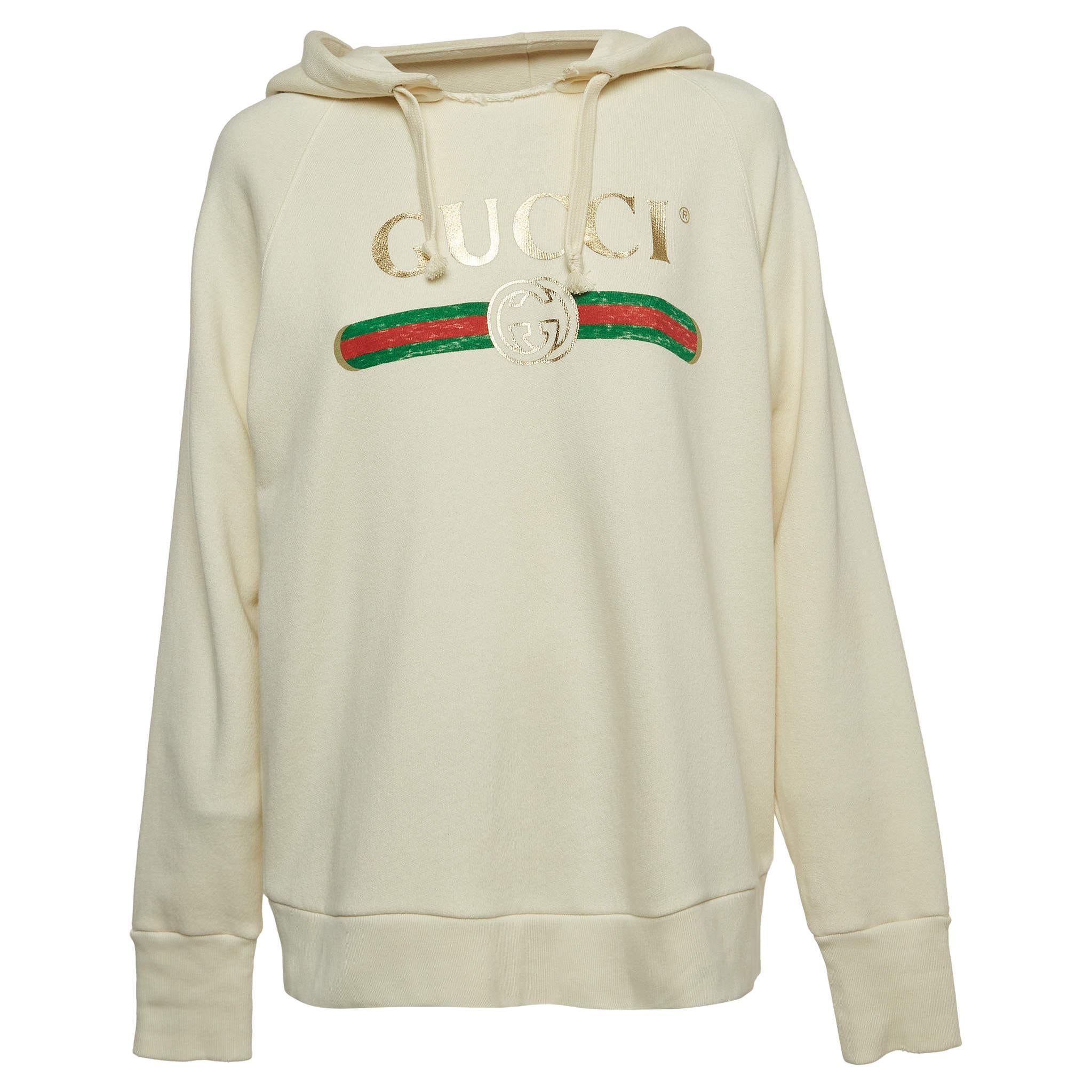 Gucci Cream Logo Print Embroidered Cotton Knit Hoodie XS For Sale
