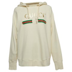 Gucci Cream Logo Print Embroidered Cotton Knit Hoodie XS