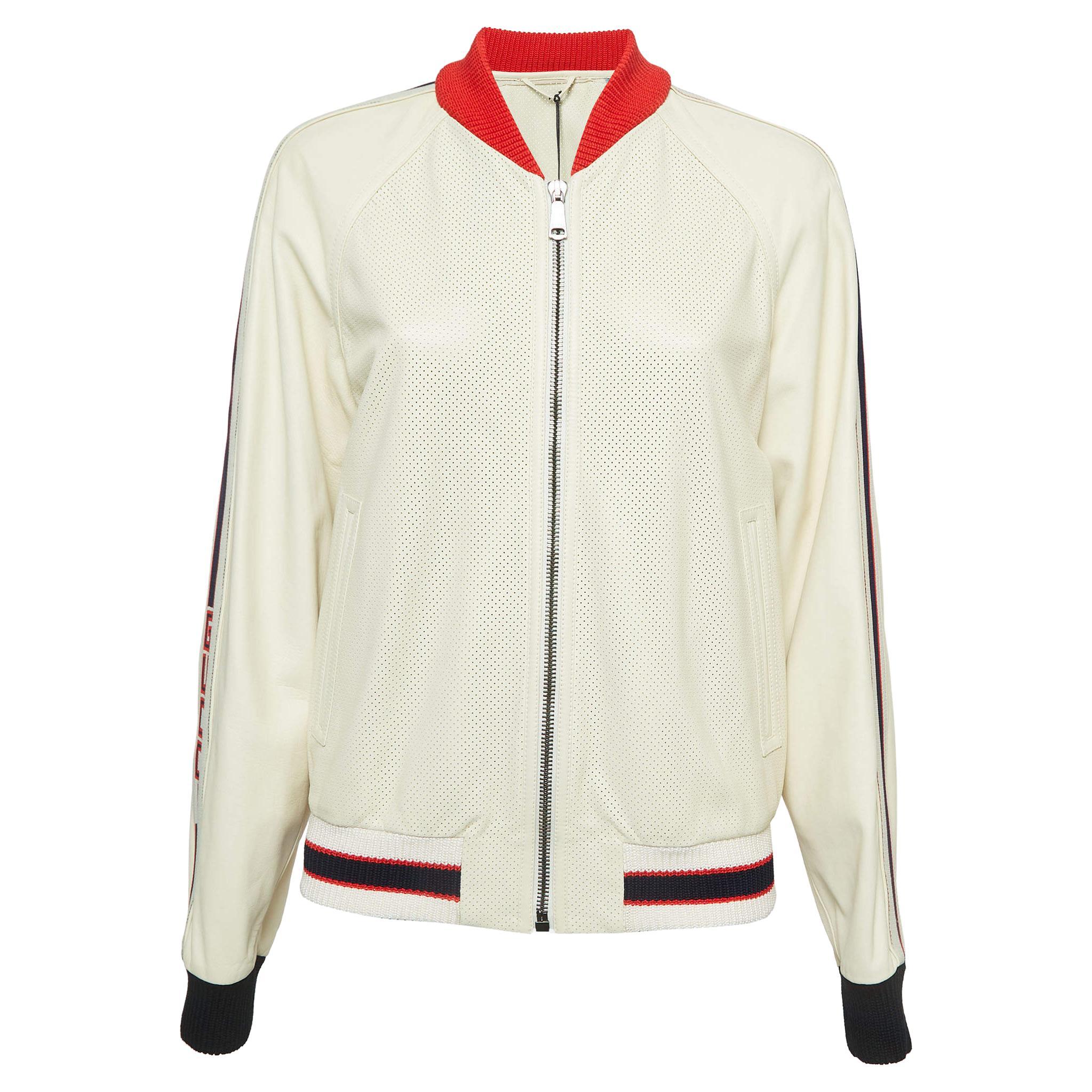 Gucci Cream Logo Print Leather Perforated Detail Bomber Jacket L For Sale
