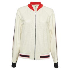 Gucci Cream Logo Print Leather Perforated Detail Bomber Jacket L