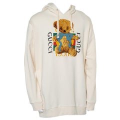 Gucci Cream Logo Printed Cotton Applique Detail Oversized Hoodie XL