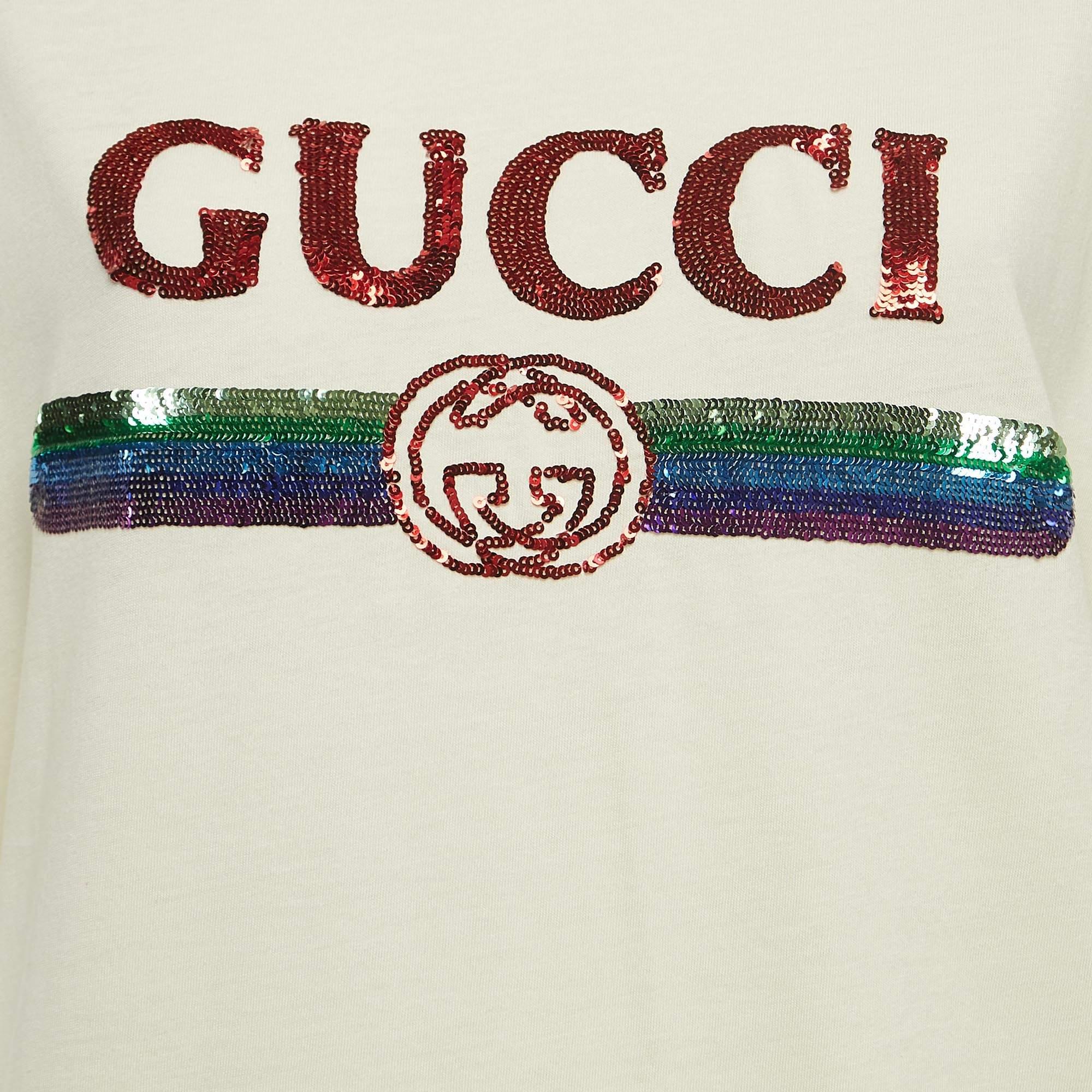 Gucci Cream Logo Sequined Cotton Crew Neck T-Shirt M 1