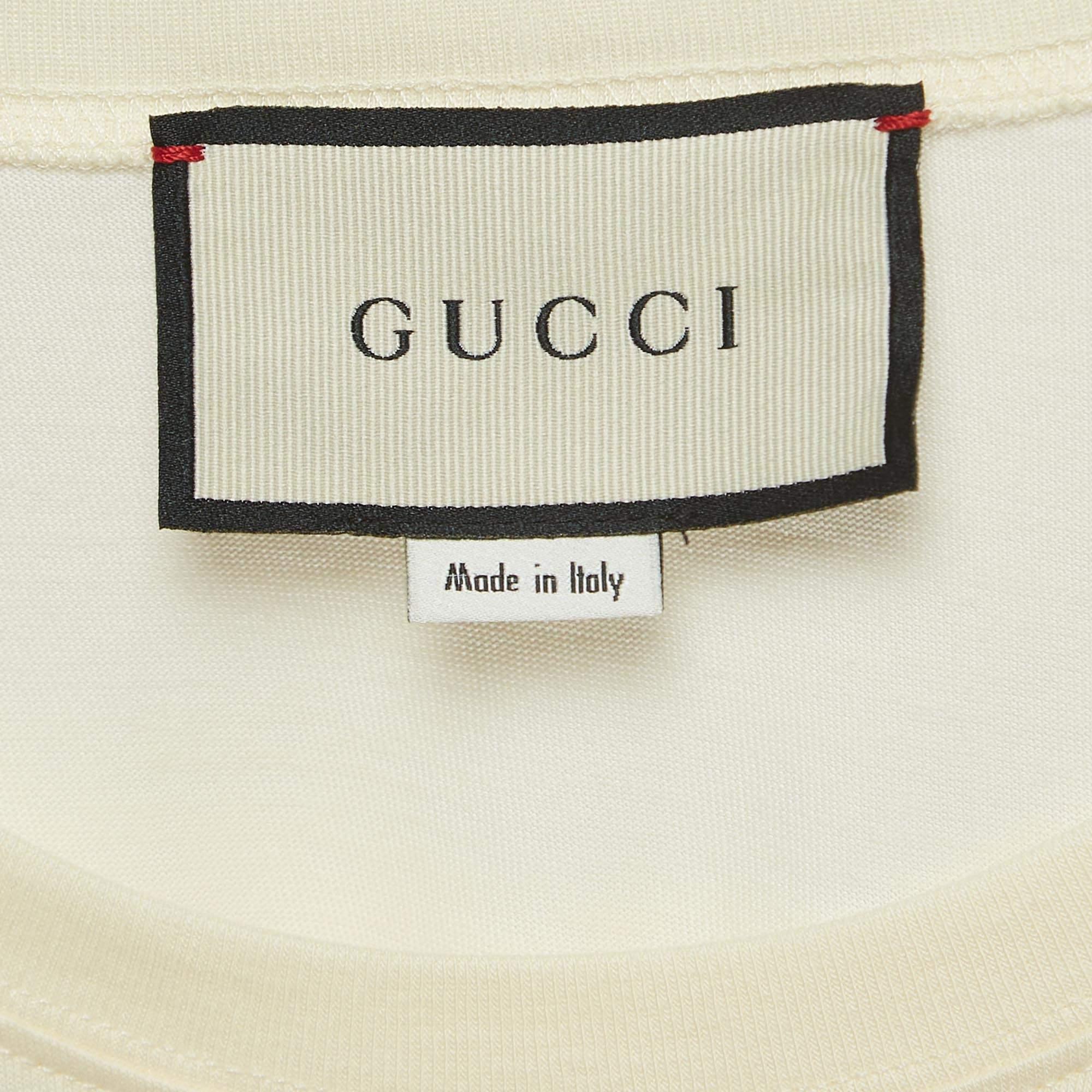 Gucci Cream Logo Sequined Cotton Crew Neck T-Shirt M 2