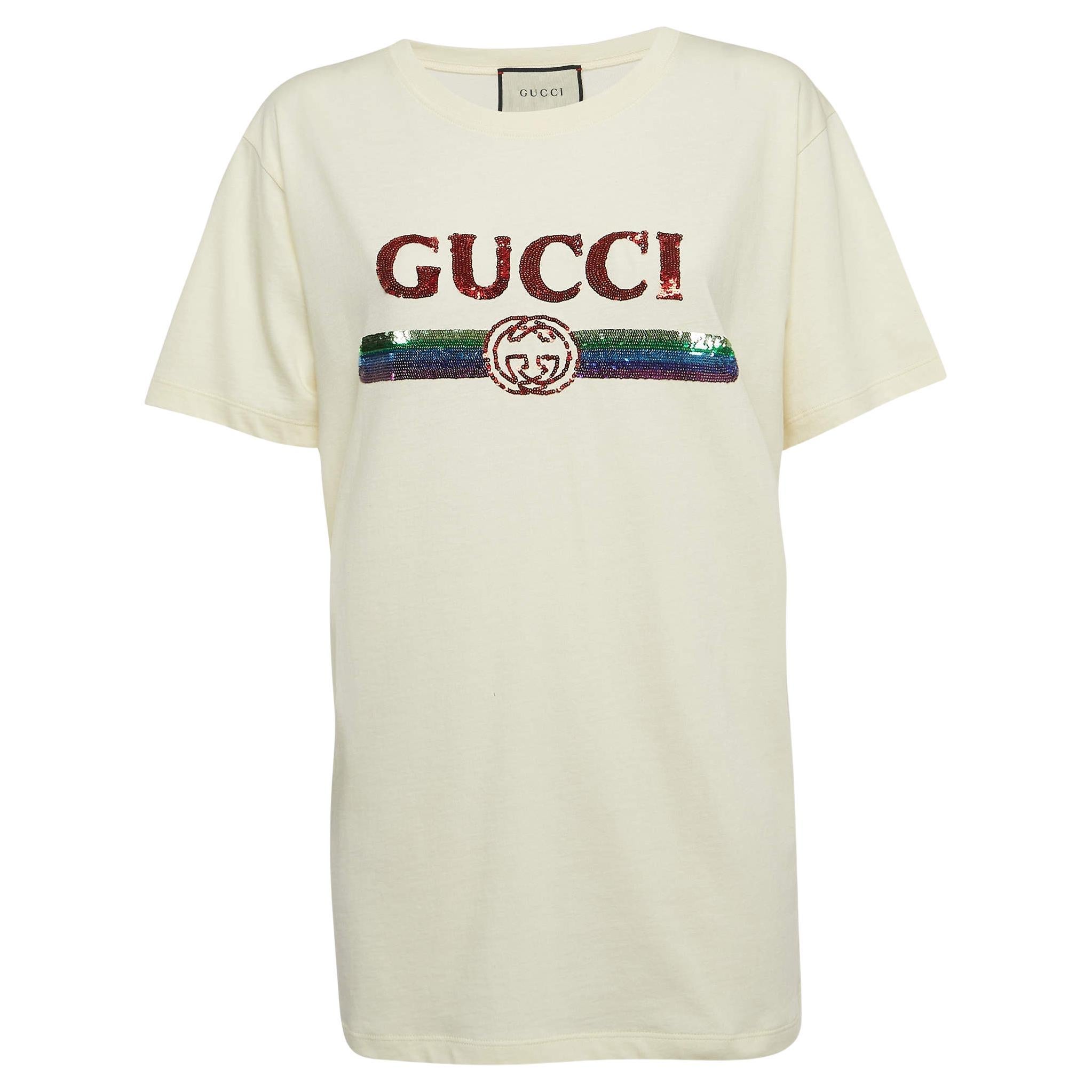 Gucci Cream Logo Sequined Cotton Crew Neck T-Shirt M