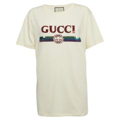 Gucci Cream Logo Pailletten Baumwolle Rundhals T-Shirt M