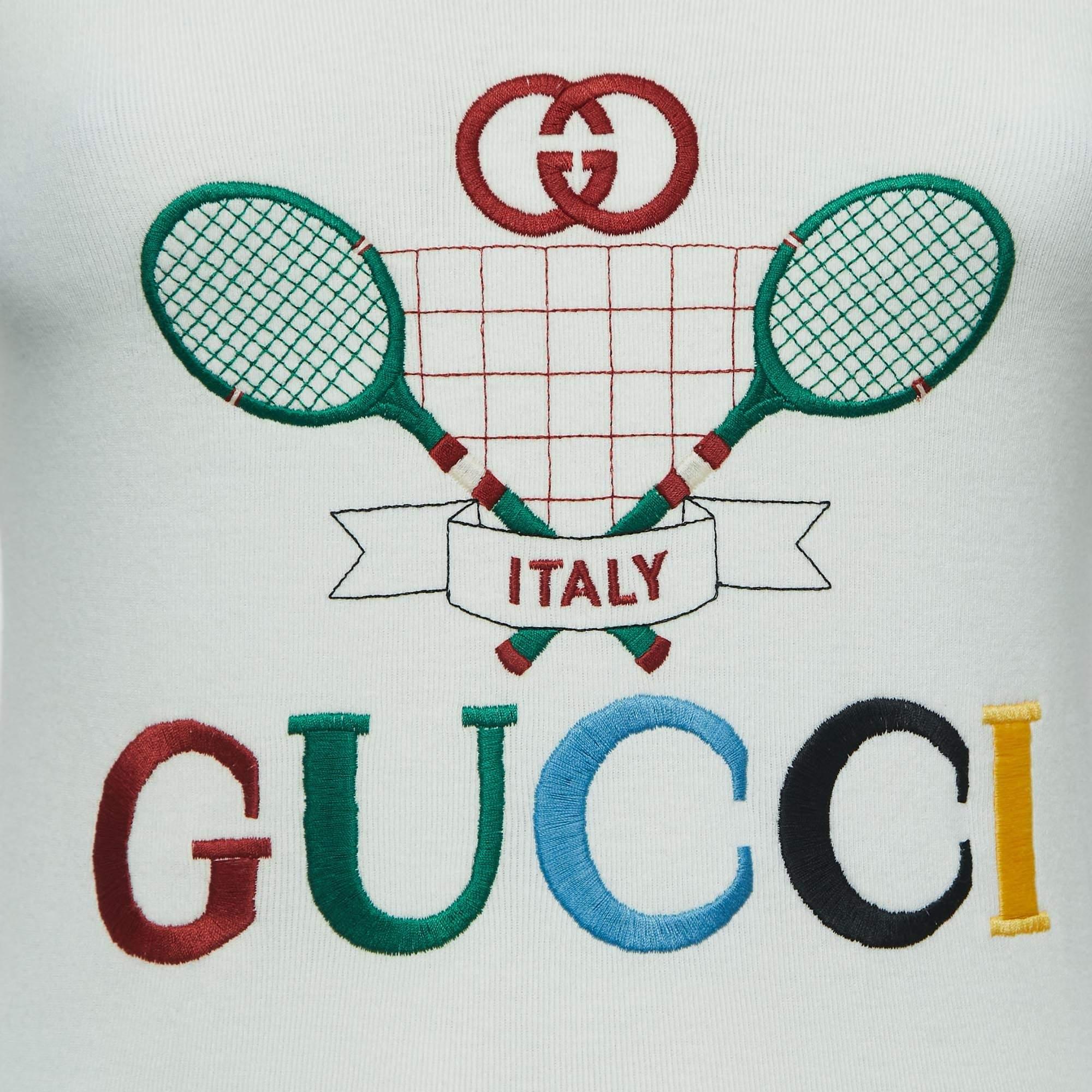 Women's Gucci Cream Logo Tennis Embroidered Cotton Short Sleeve T-Shirt S