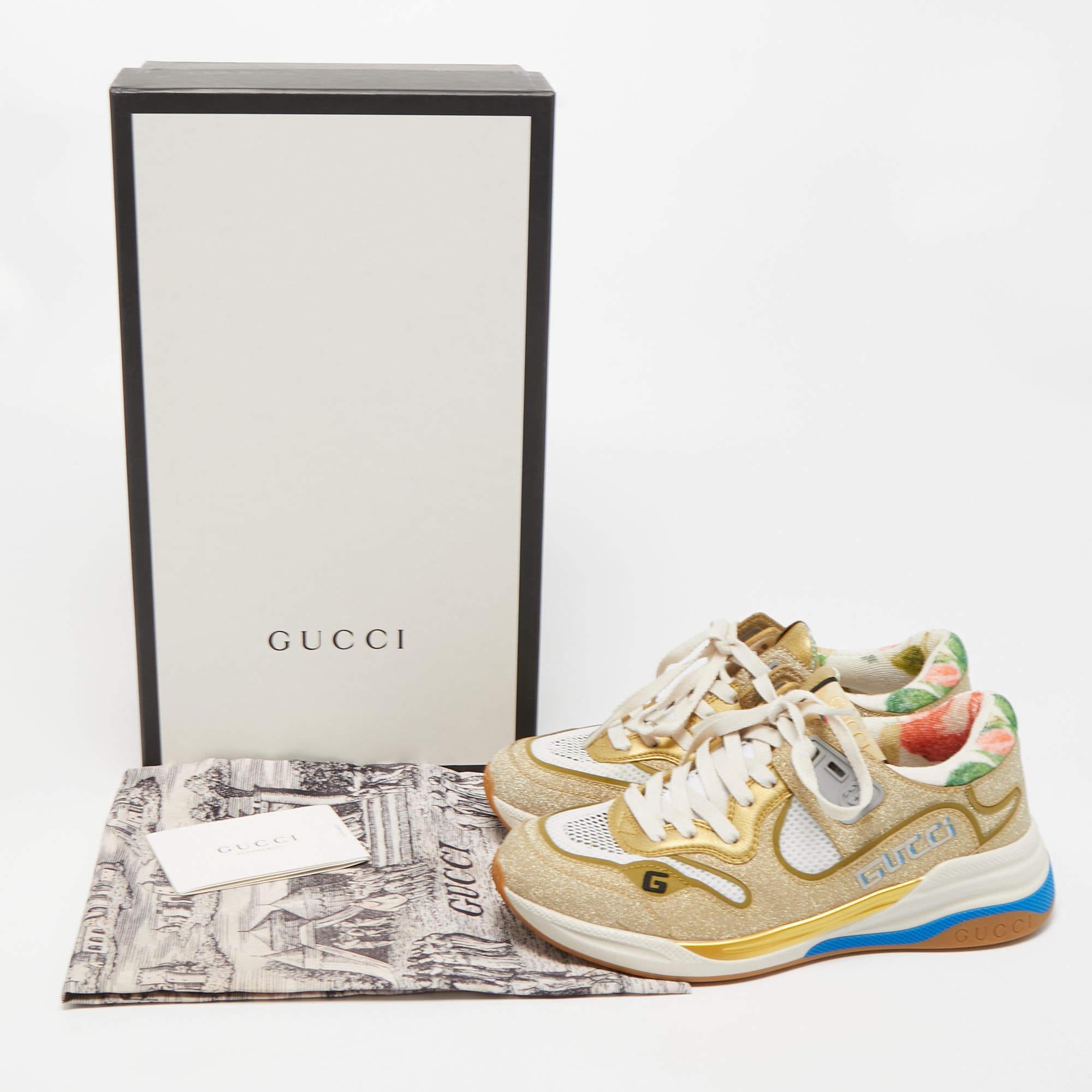 Gucci Cream/Metallic Leather and Glitter Ultrapace Low Top Sneakers Size 36.5 2