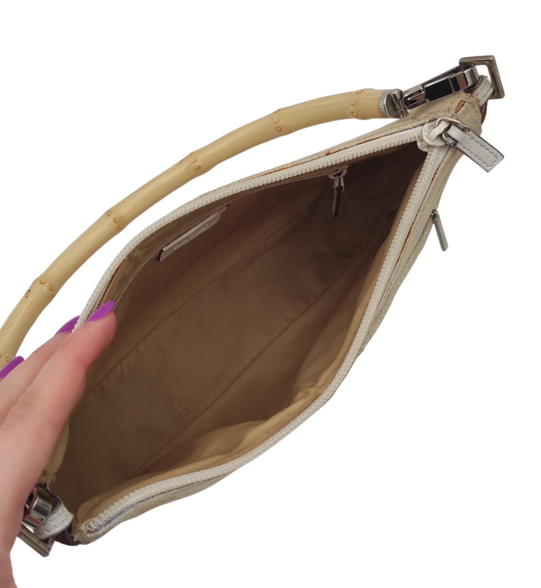 Gucci cream monogram bamboo handle shoulder bag For Sale 9