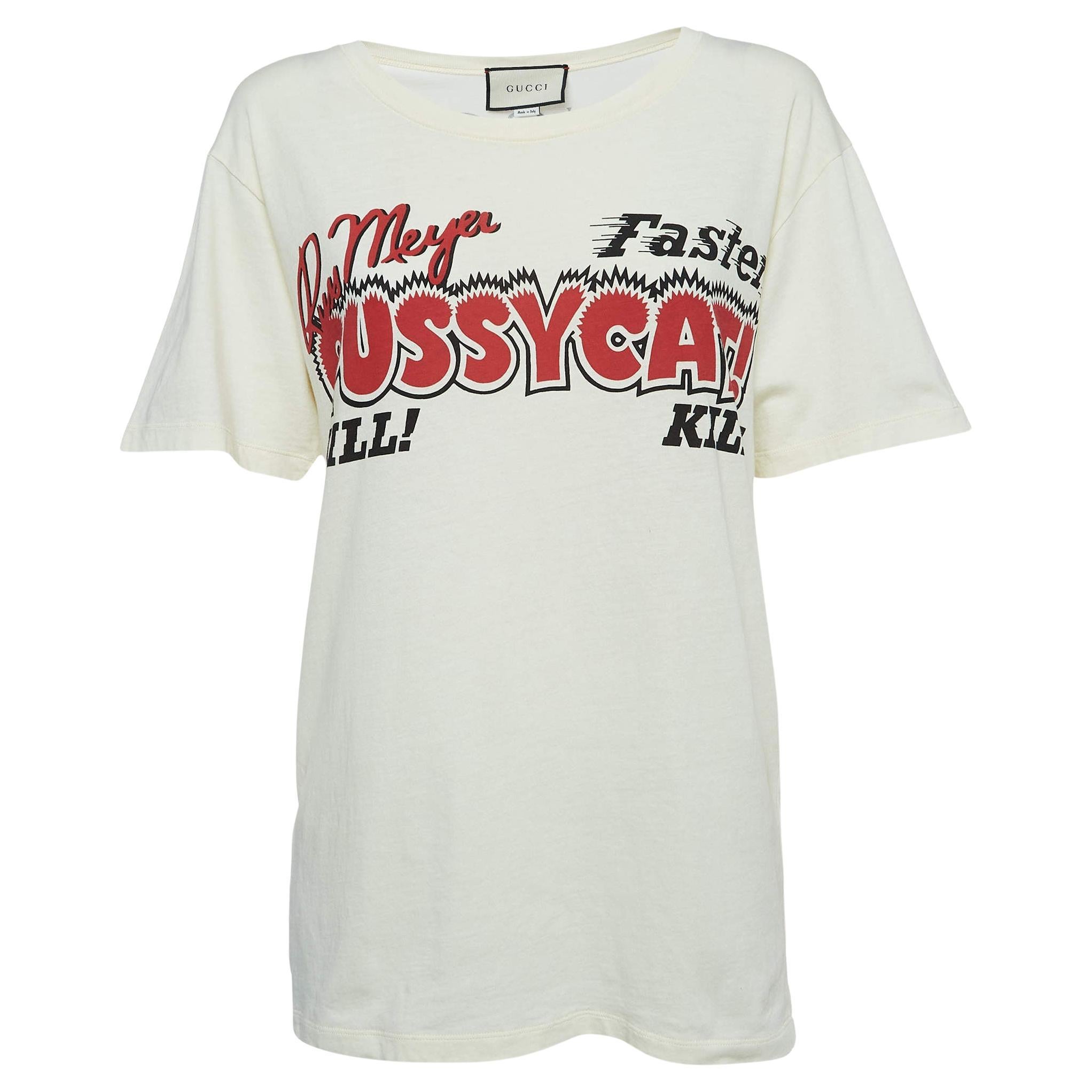 Gucci Cremefarbenes T-Shirt aus Baumwolle mit Filmdruck XS im Angebot