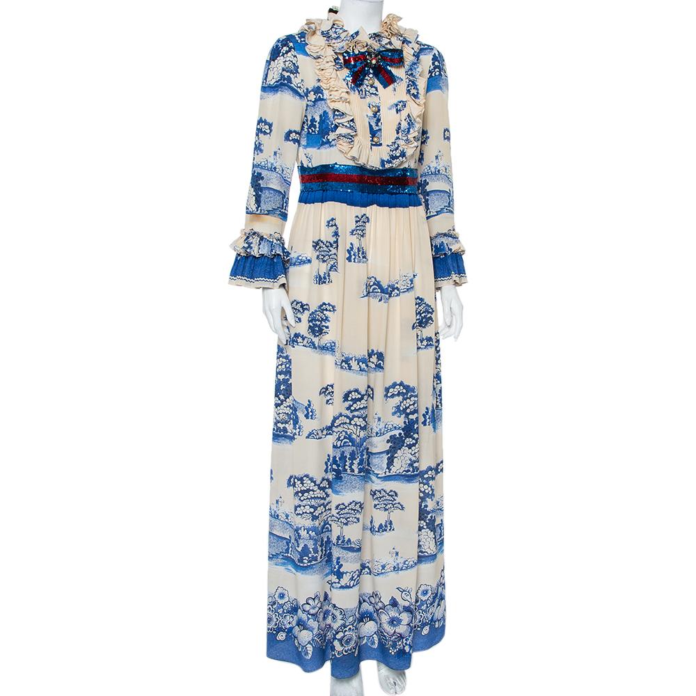 Gucci Crema y Azul Marino Jardín de Porcelana Impreso Seda Volantes Maxi Vestido XXL Blanco