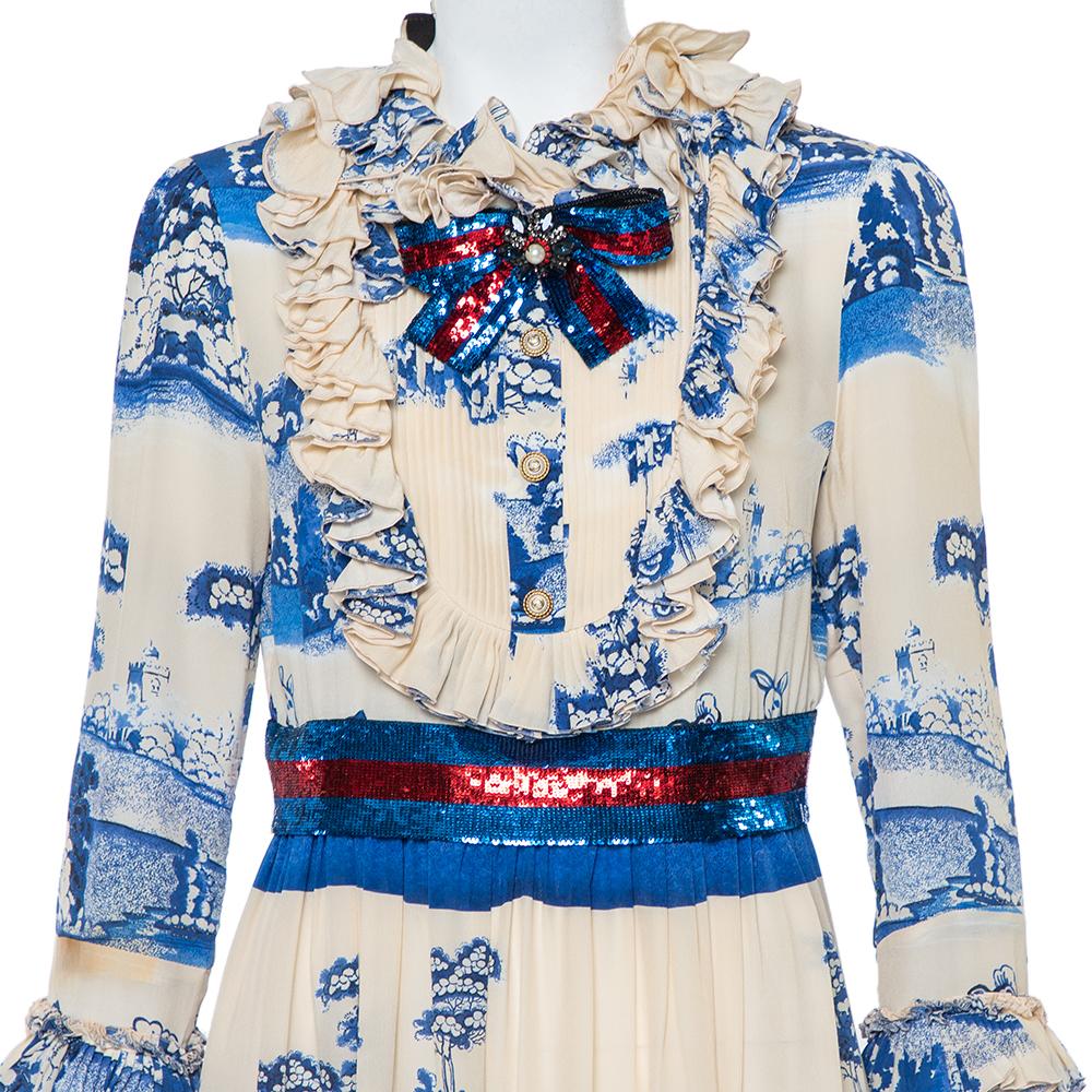 Gucci Crema y Azul Marino Jardín de Porcelana Impreso Seda Volantes Maxi Vestido XXL en Bueno Estado en Dubai, Al Qouz 2