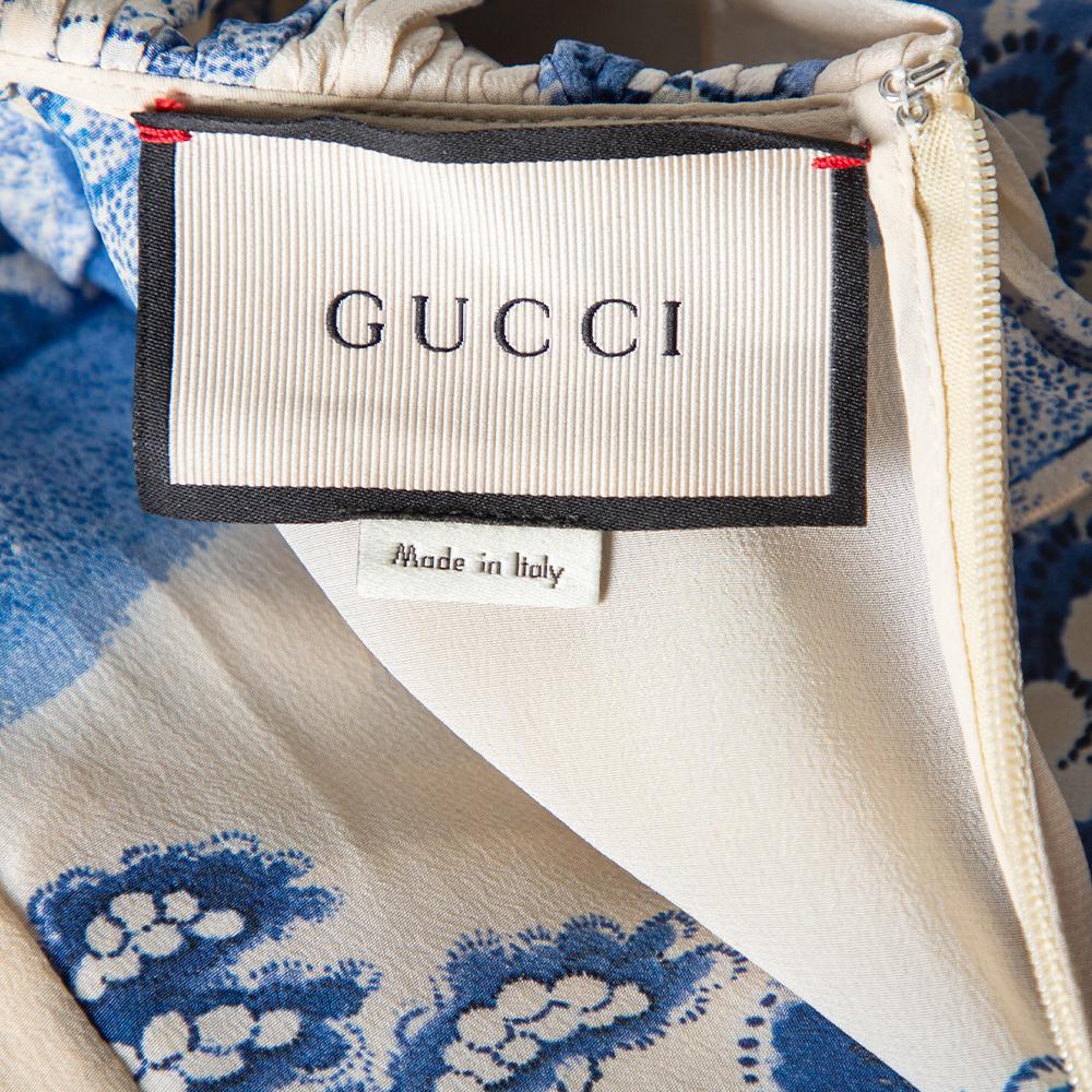 De las mujeres Gucci Crema y Azul Marino Jardín de Porcelana Impreso Seda Volantes Maxi Vestido XXL