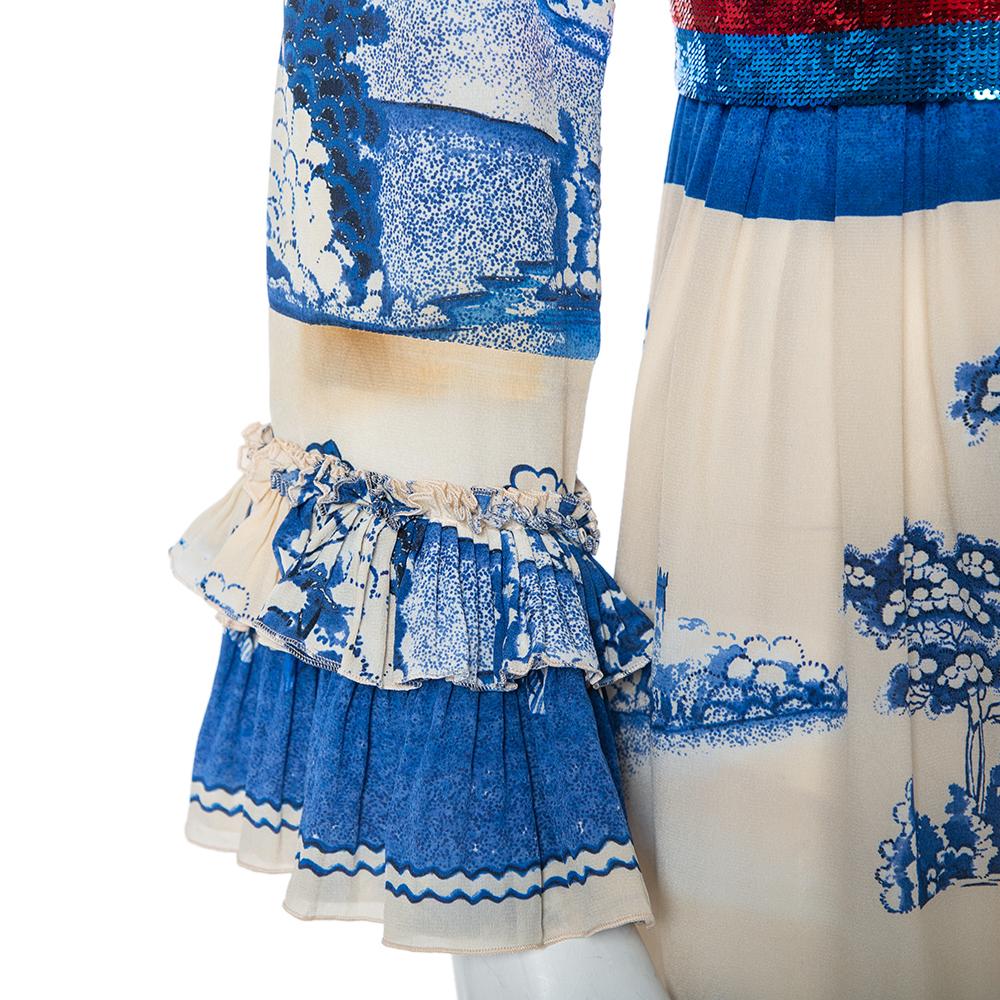 Gucci Crema y Azul Marino Jardín de Porcelana Impreso Seda Volantes Maxi Vestido XXL 1