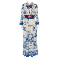 Gucci Crema y Azul Marino Jardín de Porcelana Impreso Seda Volantes Maxi Vestido XXL