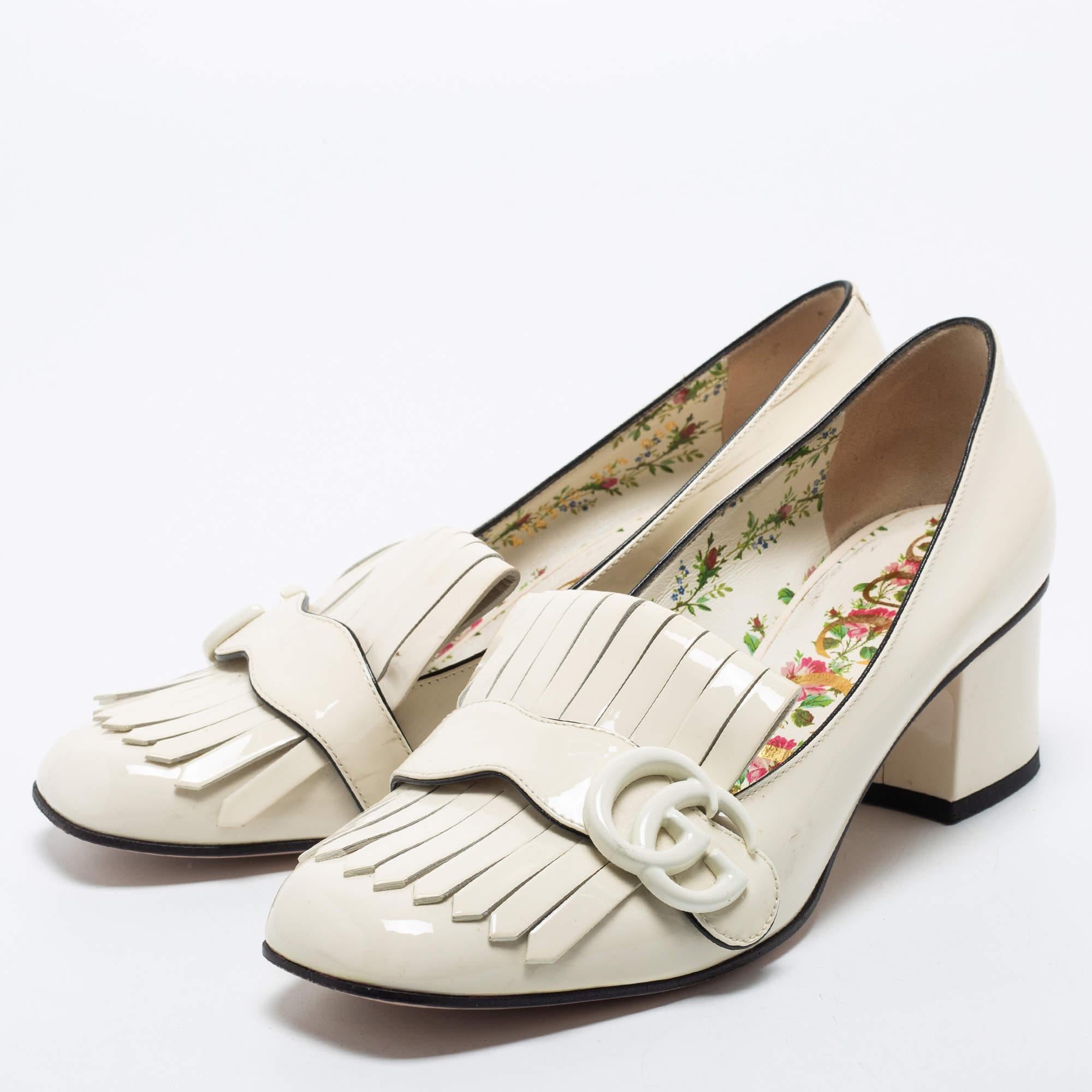 Women's Gucci Cream Patent Leather Double G Fringes Mid Heel Pumps Size 37.5
