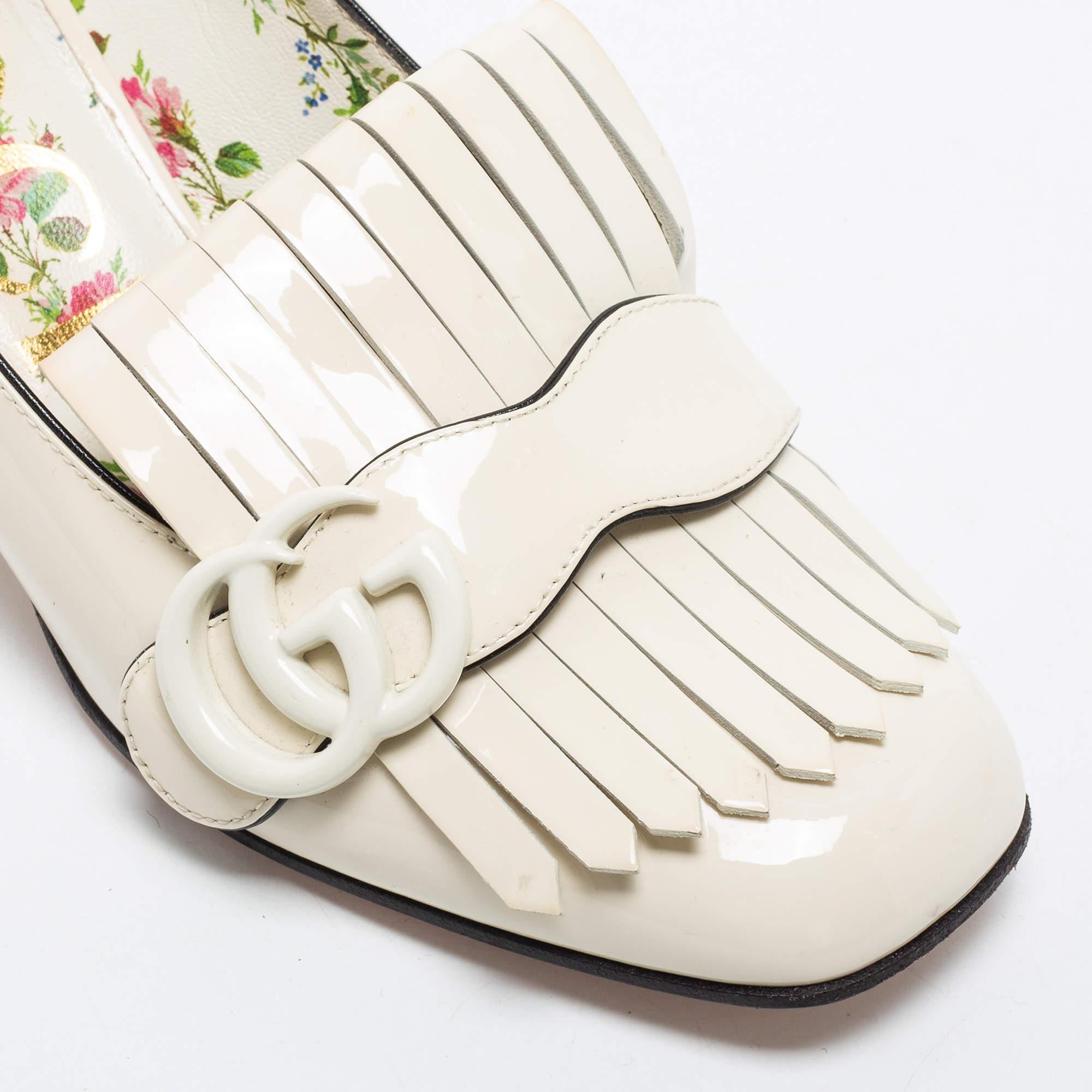 Gucci Cream Patent Leather Double G Fringes Mid Heel Pumps Size 37.5 3
