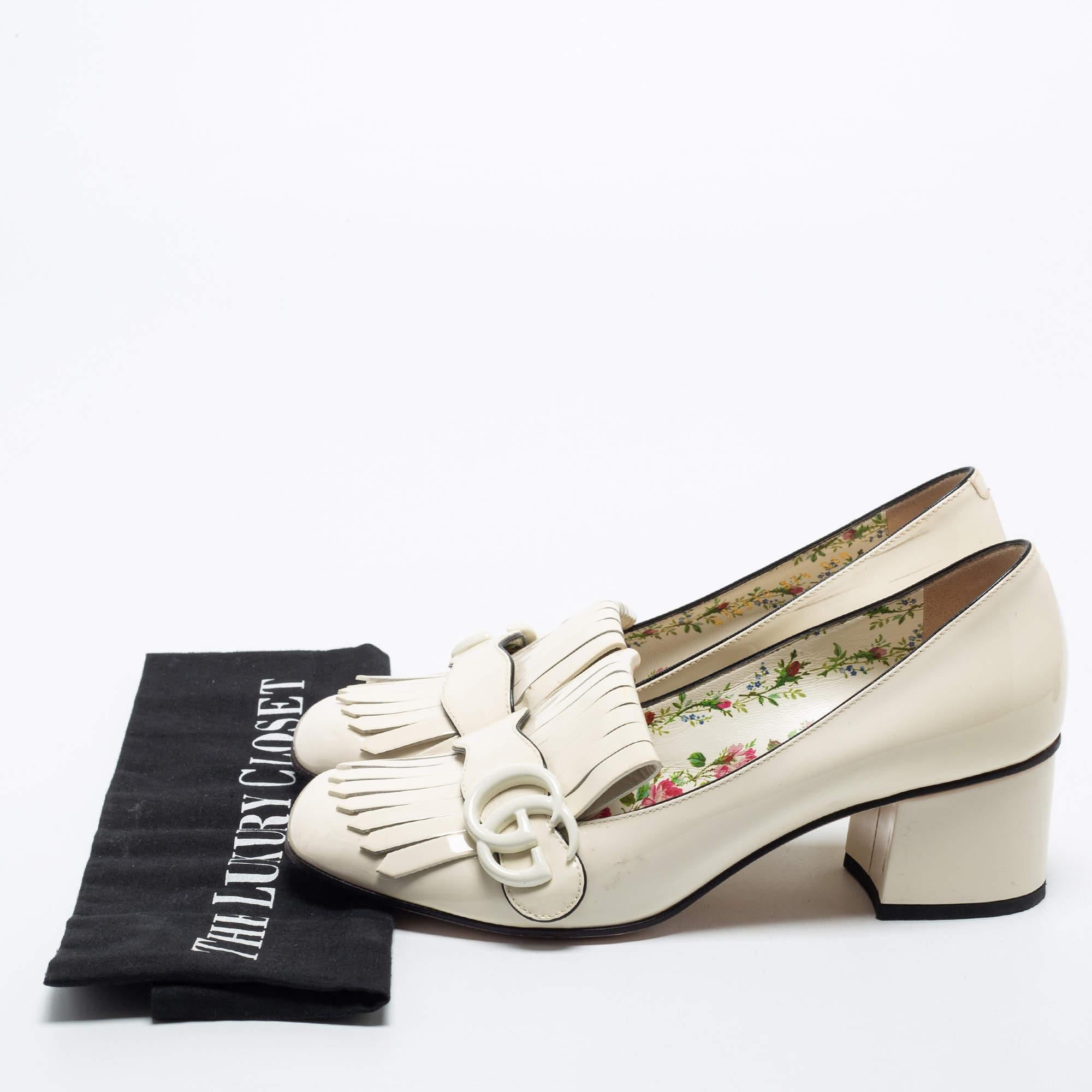 Gucci Cream Patent Leather Double G Fringes Mid Heel Pumps Size 37.5 5