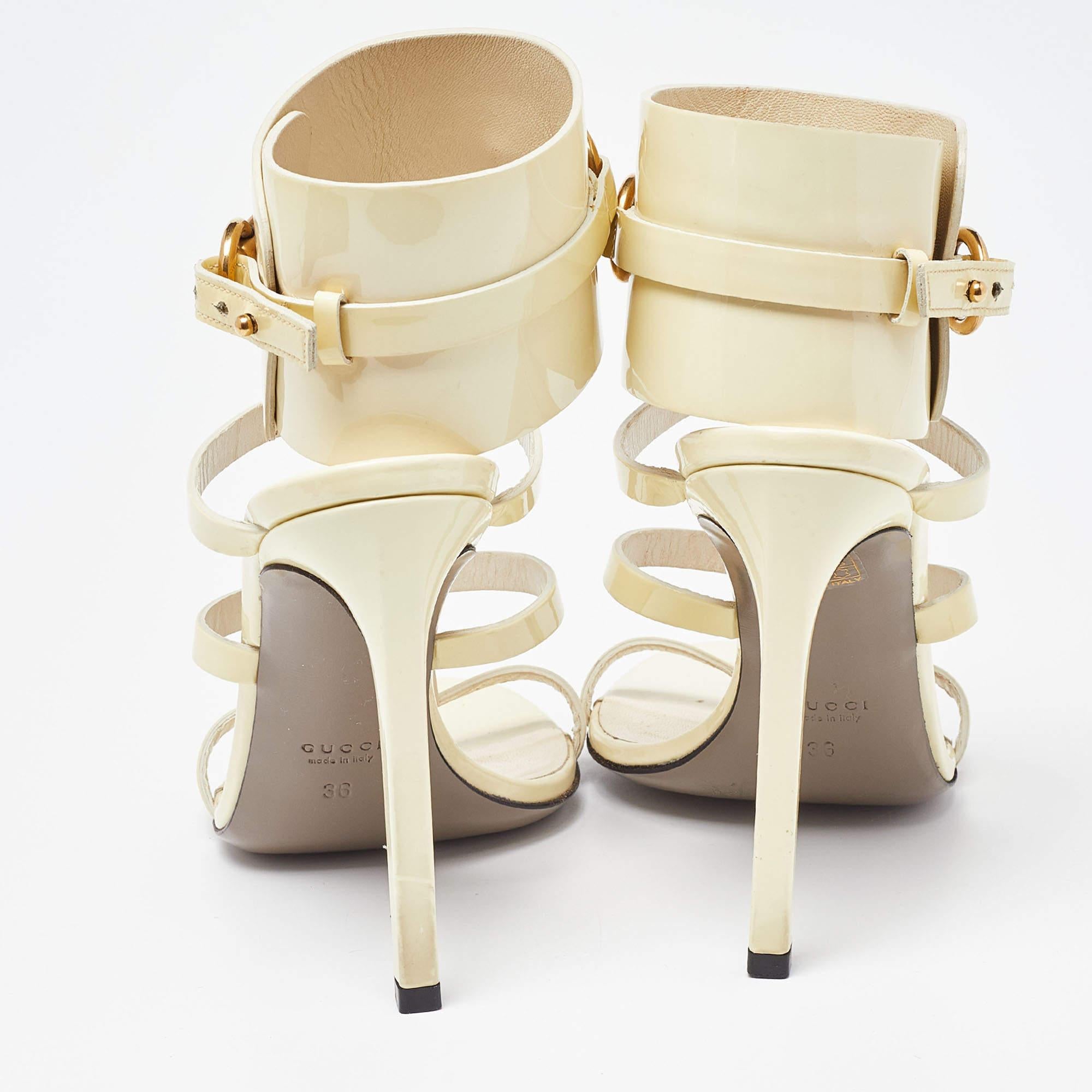 Beige Gucci Cream Patent Leather Ursula Horsebit Gladiator Sandals Size 36