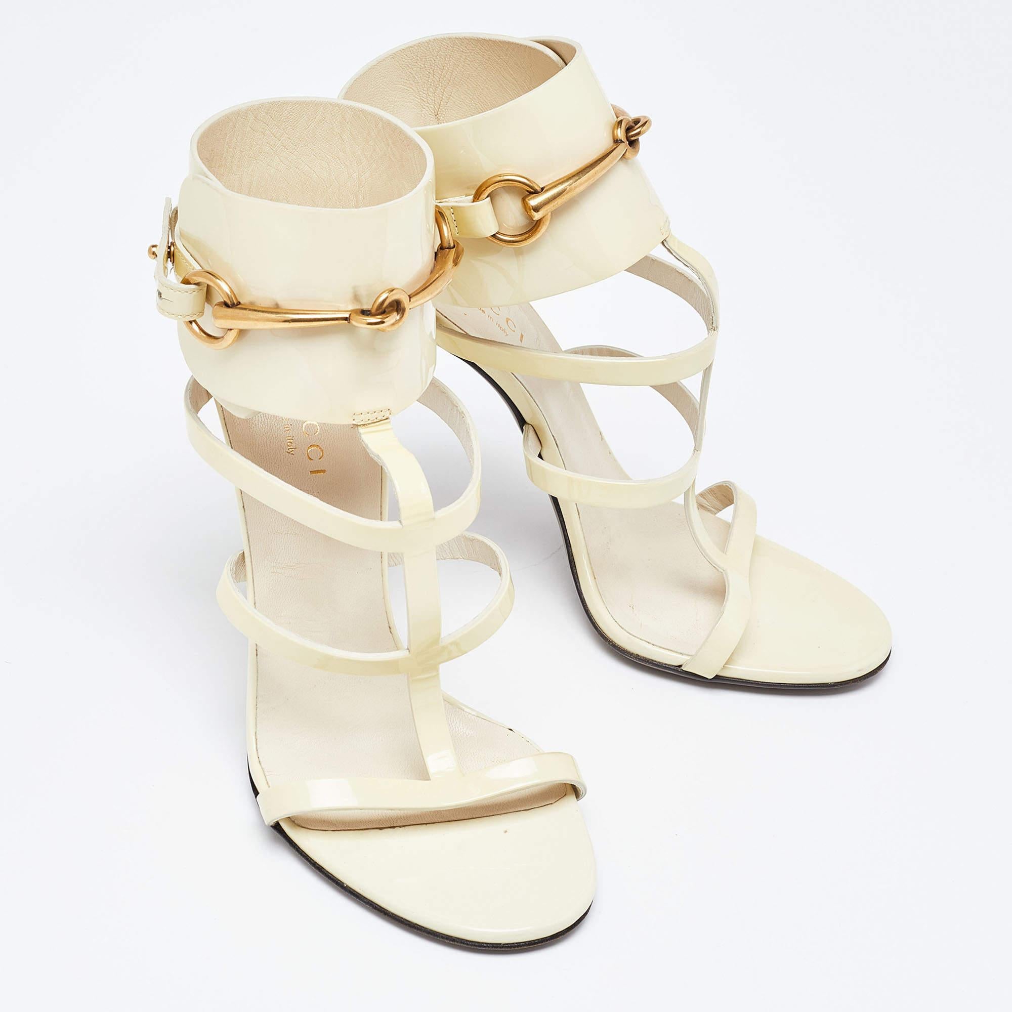 Women's Gucci Cream Patent Leather Ursula Horsebit Gladiator Sandals Size 36 For Sale