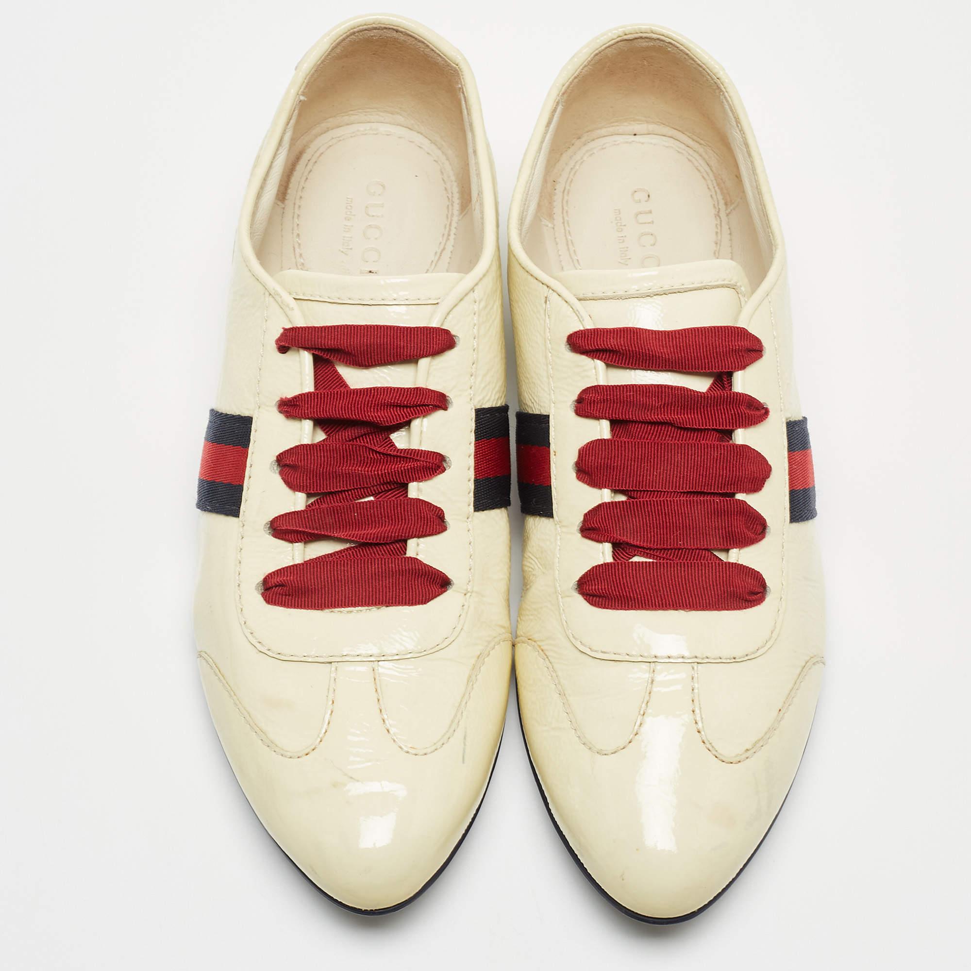 Beige Gucci Cream Patent Leather Web Lace Up Sneakers Size 35